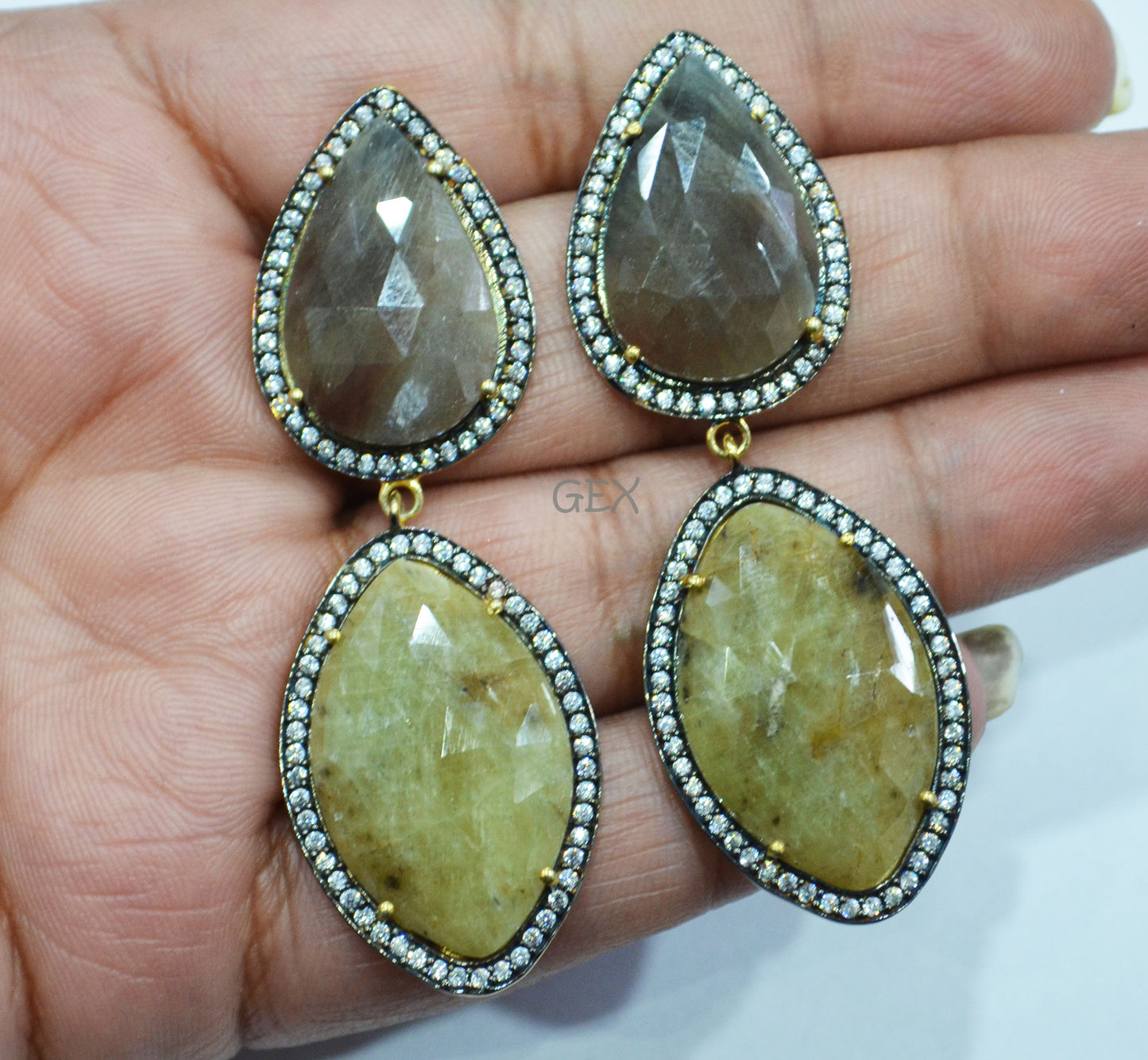 92.5 Sterling Silver Shaded Brown And Yellow Sapphire Faceted Fancy Shape Earring , Shaded Brown And Yellow Sapphire With Pave Cubic Zirconia Earring , 62 mm , E-046