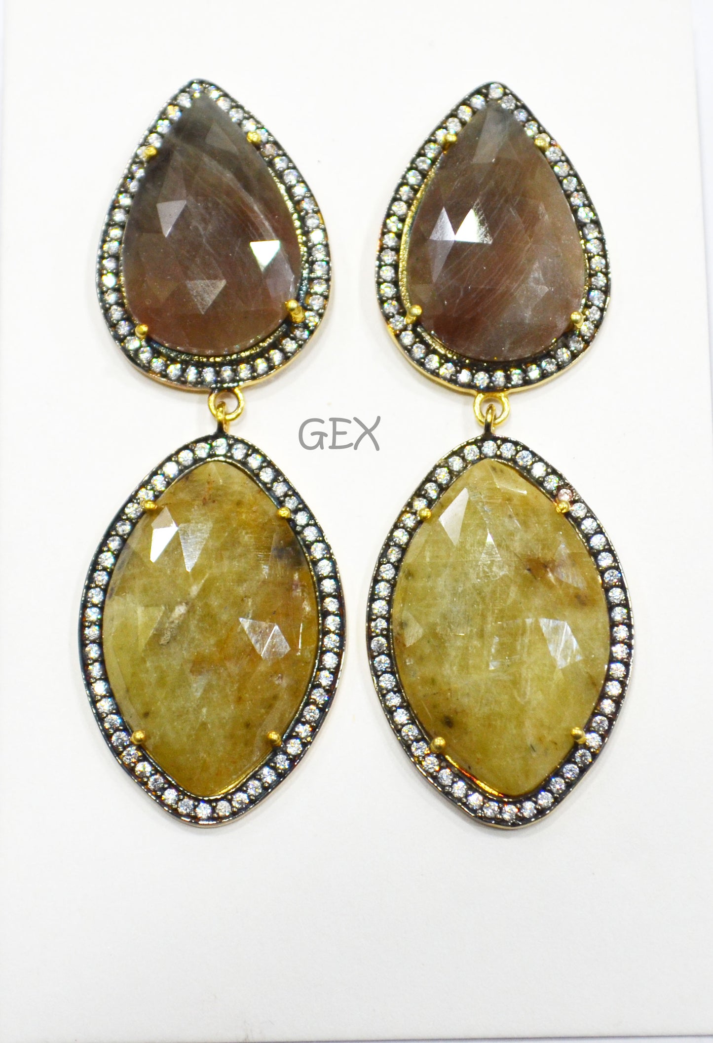92.5 Sterling Silver Shaded Brown And Yellow Sapphire Faceted Fancy Shape Earring , Shaded Brown And Yellow Sapphire With Pave Cubic Zirconia Earring , 62 mm , E-046