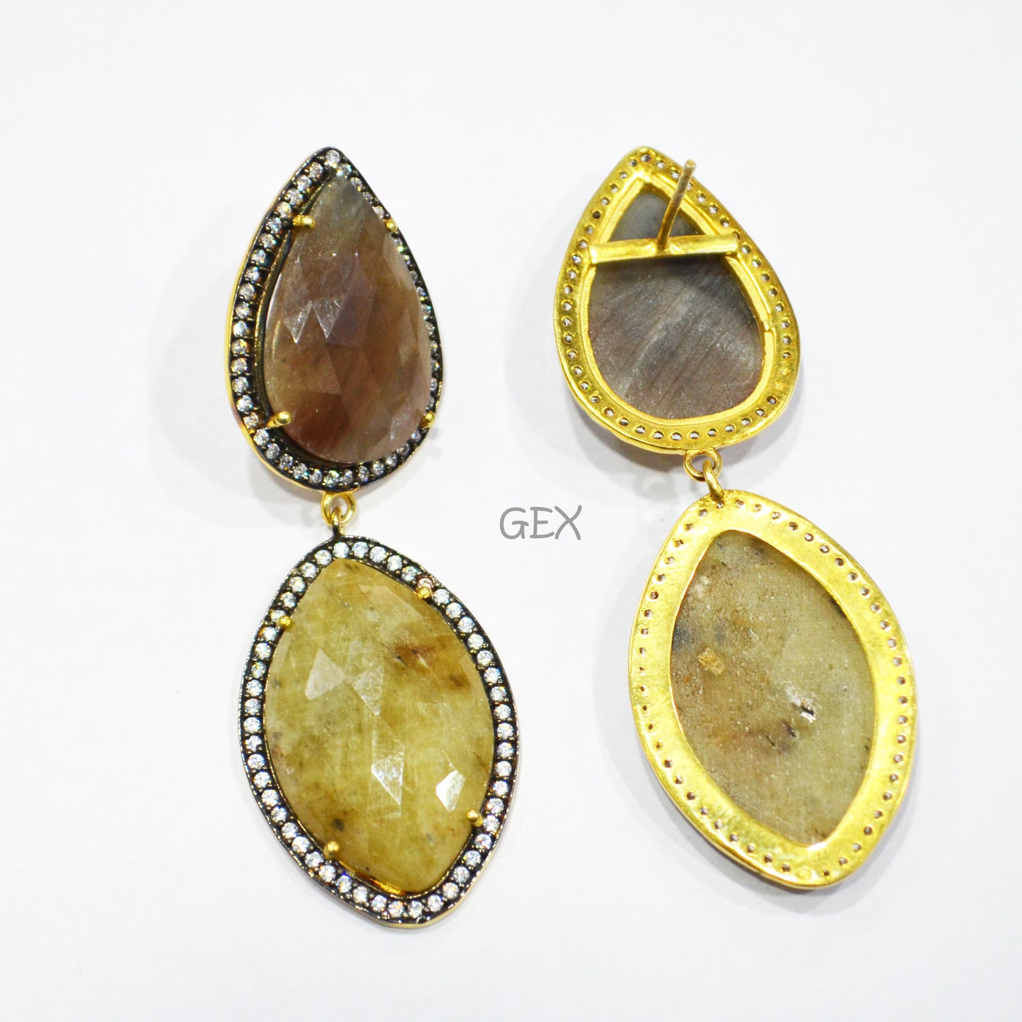 92.5 Sterling Silver Shaded Brown And Yellow Sapphire Faceted Fancy Shape Earring , Shaded Brown And Yellow Sapphire With Pave Cubic Zirconia Earring , 62 mm , E-046