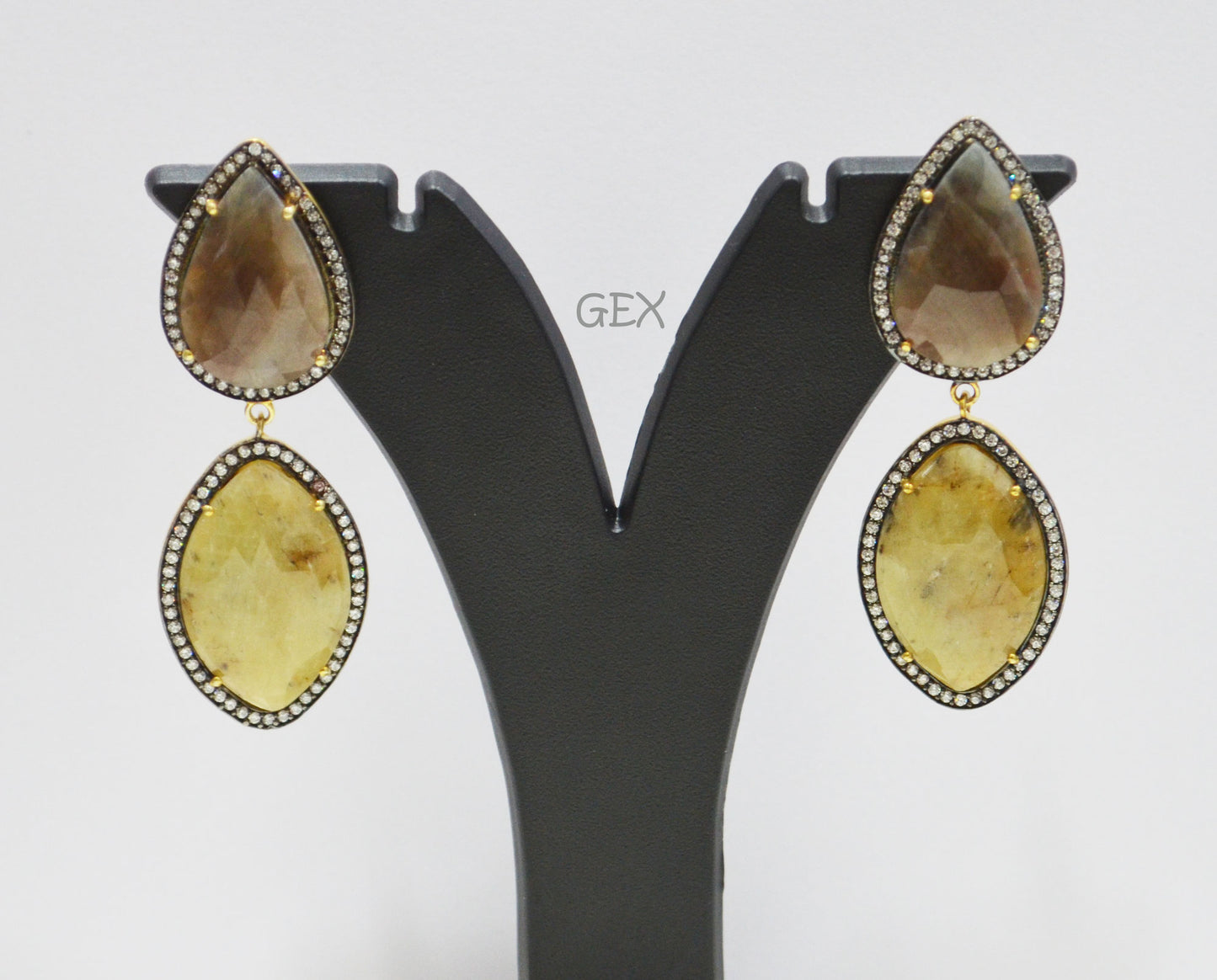 92.5 Sterling Silver Shaded Brown And Yellow Sapphire Faceted Fancy Shape Earring , Shaded Brown And Yellow Sapphire With Pave Cubic Zirconia Earring , 62 mm , E-046