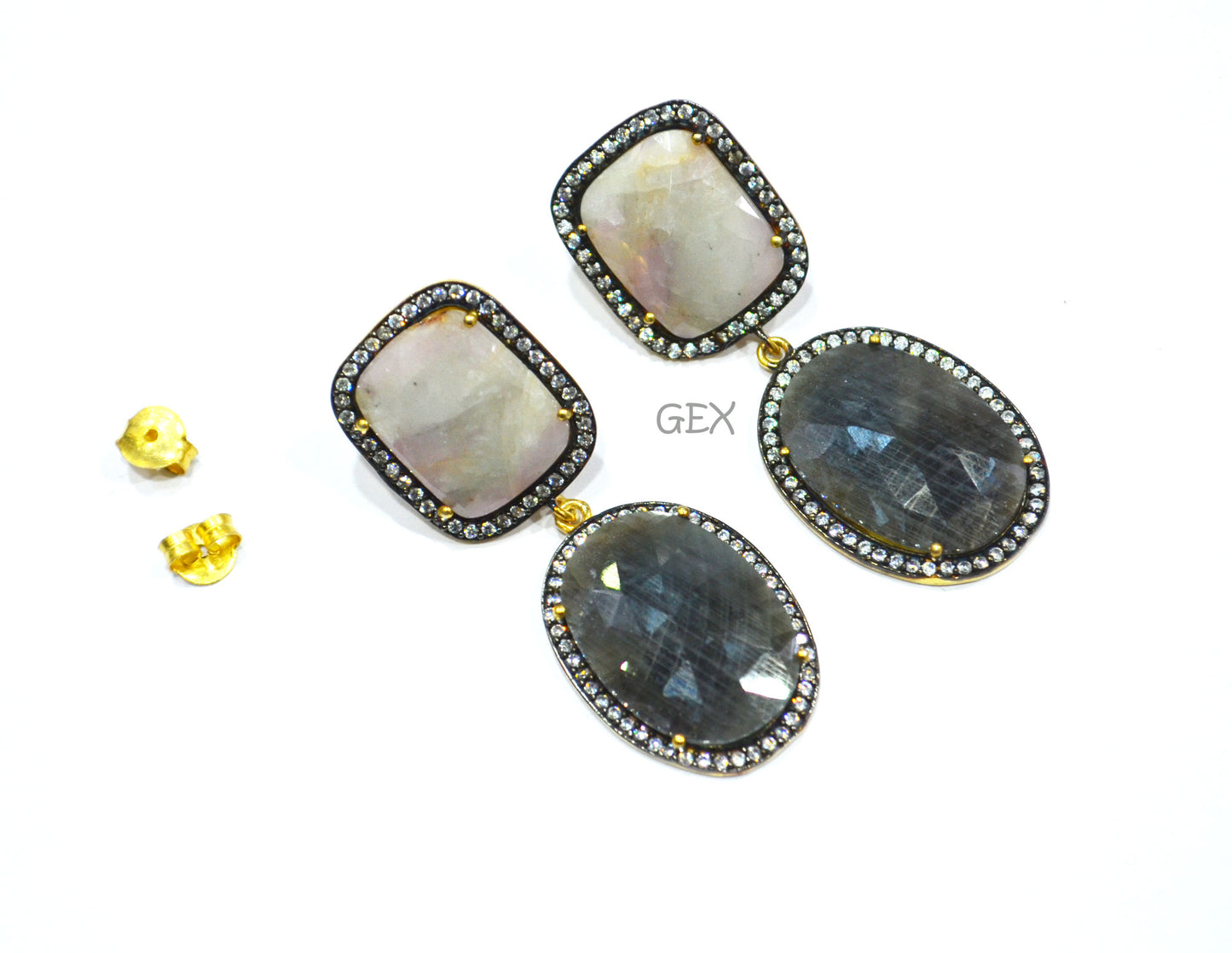92.5 Sterling Silver Shaded White Purple And Black Sapphire Faceted Fancy Shape Earring , Shaded White Purple And Black Sapphire With Pave Cubic Zirconia Earring , 50 mm , E-047
