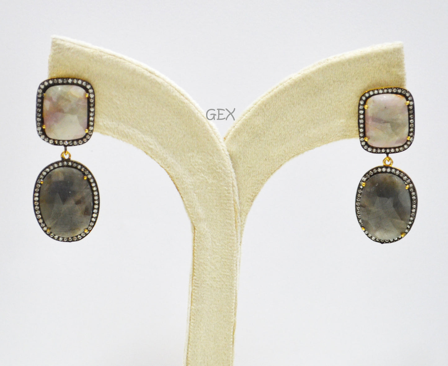 92.5 Sterling Silver Shaded White Purple And Black Sapphire Faceted Fancy Shape Earring , Shaded White Purple And Black Sapphire With Pave Cubic Zirconia Earring , 50 mm , E-047