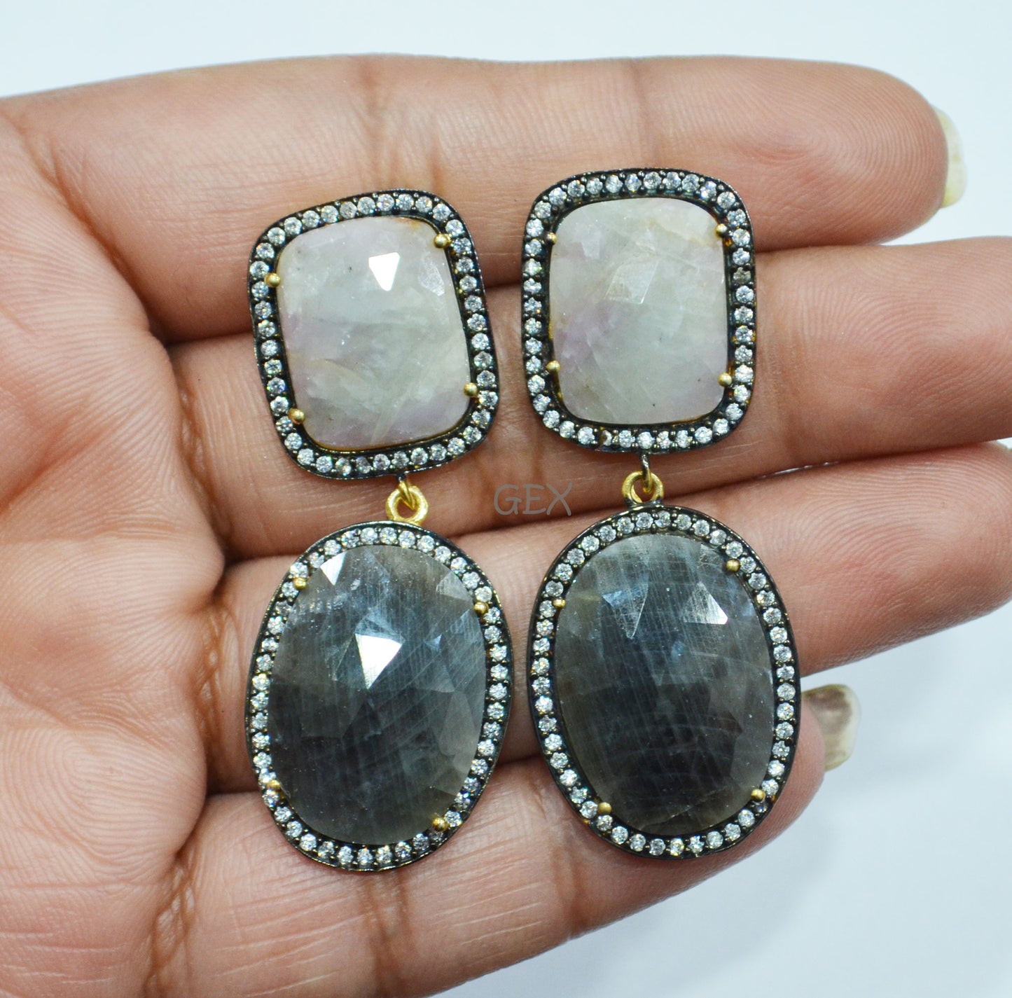 92.5 Sterling Silver Shaded White Purple And Black Sapphire Faceted Fancy Shape Earring , Shaded White Purple And Black Sapphire With Pave Cubic Zirconia Earring , 50 mm , E-047