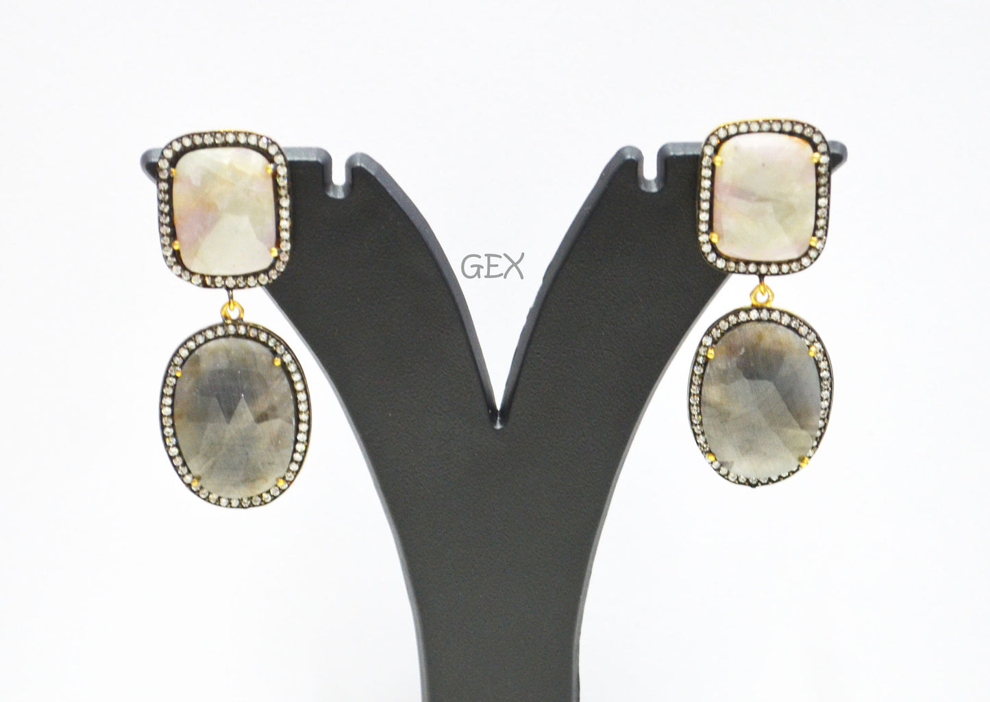 92.5 Sterling Silver Shaded White Purple And Black Sapphire Faceted Fancy Shape Earring , Shaded White Purple And Black Sapphire With Pave Cubic Zirconia Earring , 50 mm , E-047