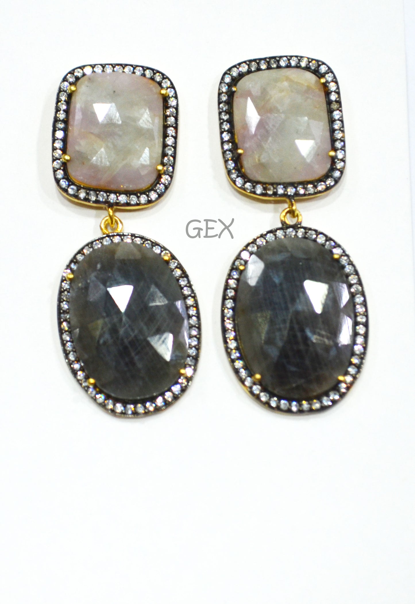 92.5 Sterling Silver Shaded White Purple And Black Sapphire Faceted Fancy Shape Earring , Shaded White Purple And Black Sapphire With Pave Cubic Zirconia Earring , 50 mm , E-047