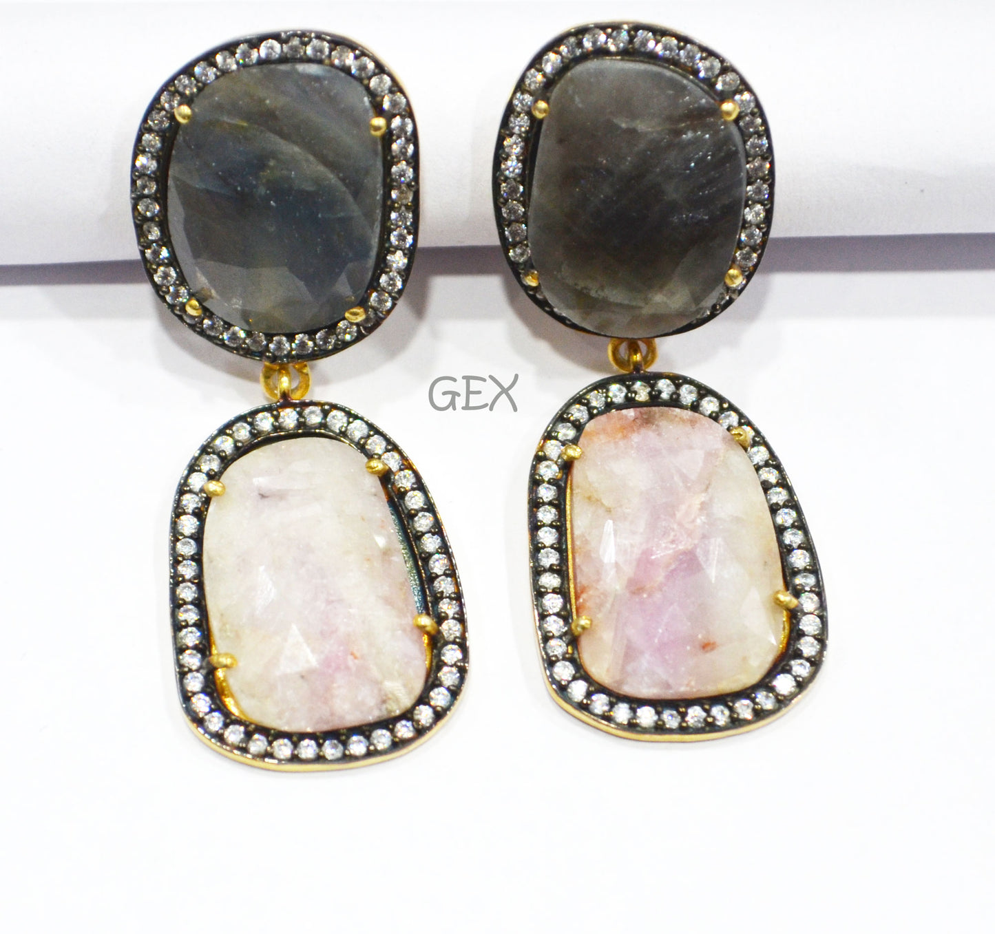 92.5 Sterling Silver Shaded White Purple And Black Sapphire Faceted Fancy Shape Earring , Shaded White Purple And Black Sapphire With Pave Cubic Zirconia Earring , 48 mm , E-048