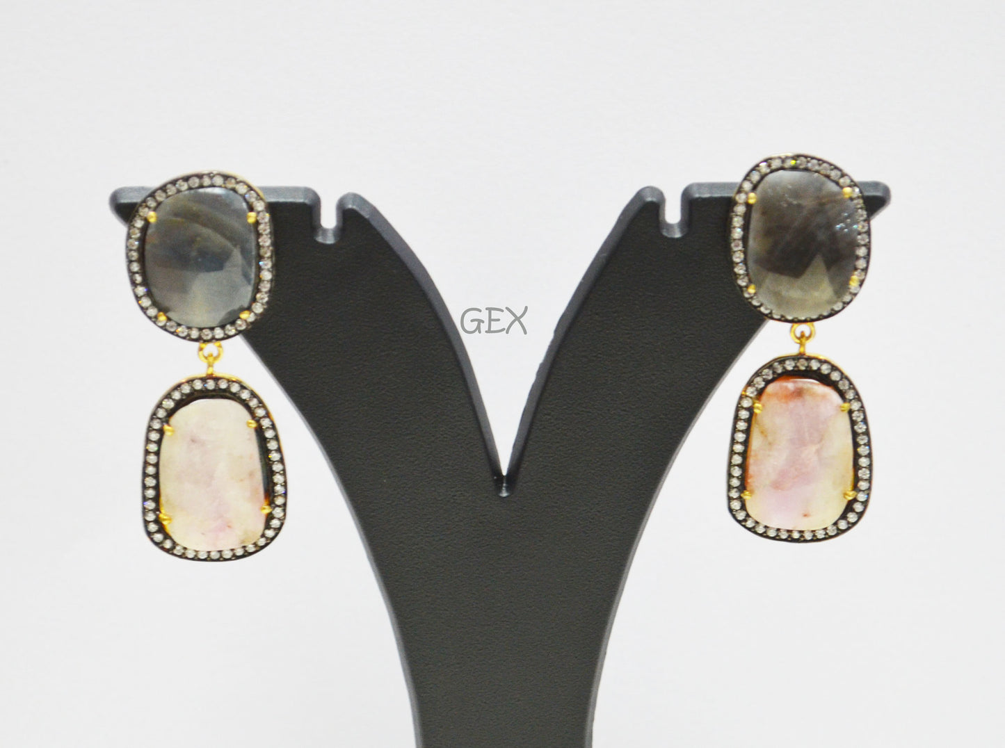 92.5 Sterling Silver Shaded White Purple And Black Sapphire Faceted Fancy Shape Earring , Shaded White Purple And Black Sapphire With Pave Cubic Zirconia Earring , 48 mm , E-048