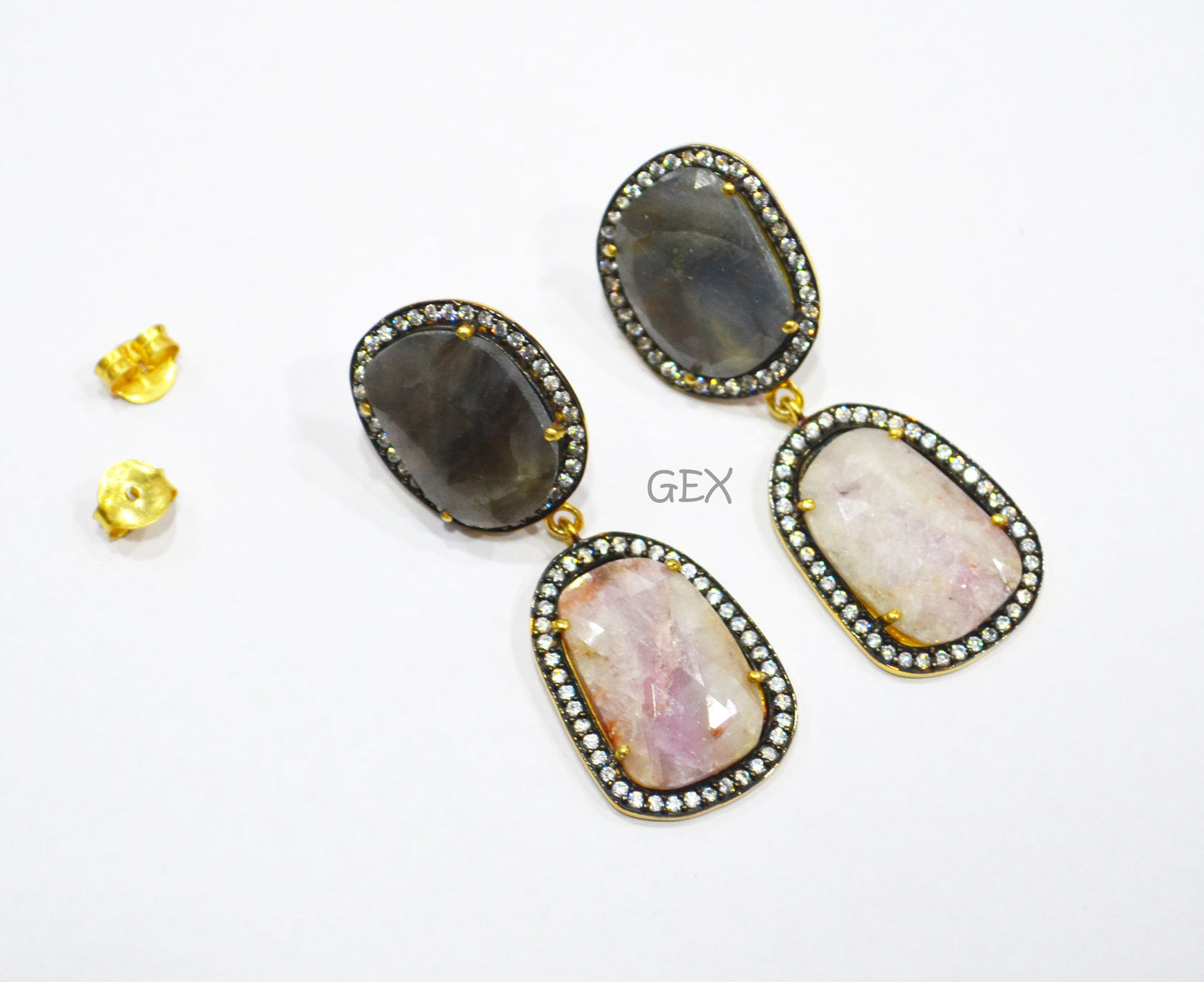 92.5 Sterling Silver Shaded White Purple And Black Sapphire Faceted Fancy Shape Earring , Shaded White Purple And Black Sapphire With Pave Cubic Zirconia Earring , 48 mm , E-048