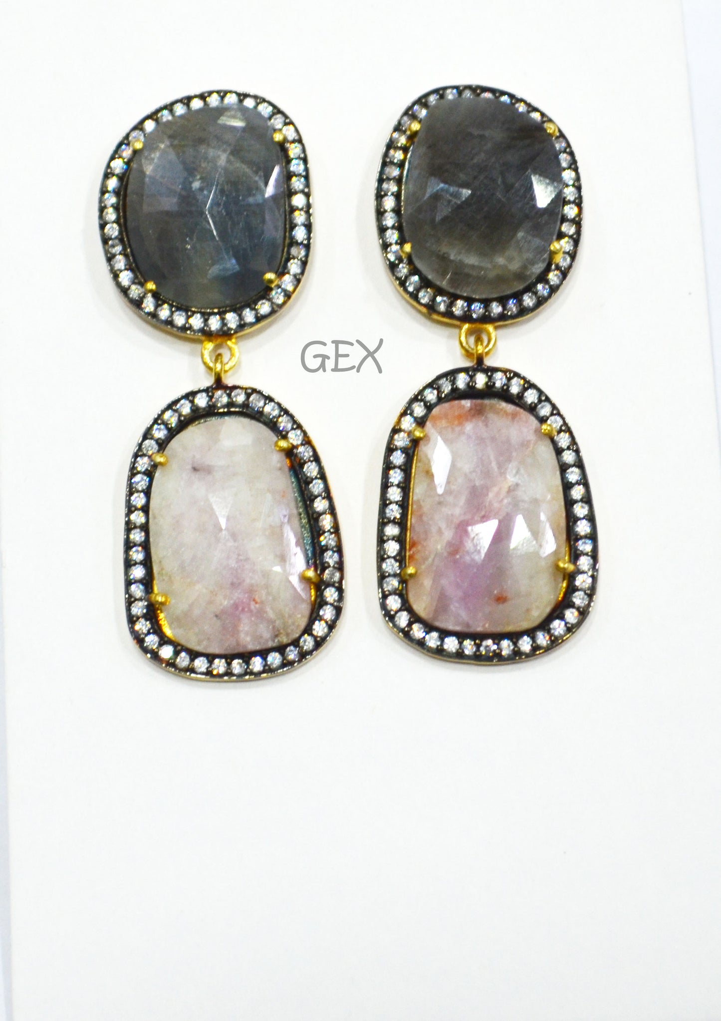 92.5 Sterling Silver Shaded White Purple And Black Sapphire Faceted Fancy Shape Earring , Shaded White Purple And Black Sapphire With Pave Cubic Zirconia Earring , 48 mm , E-048