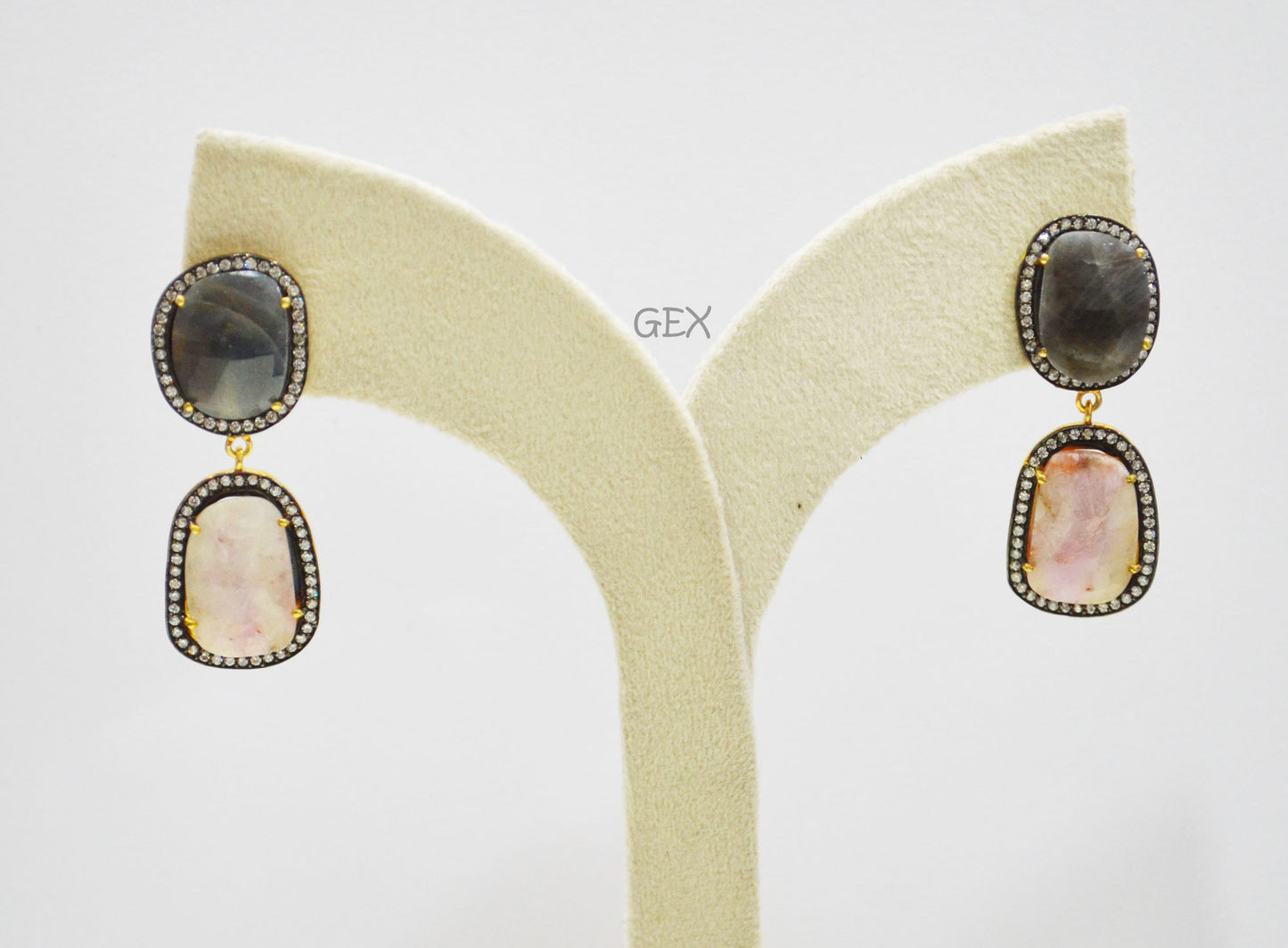 92.5 Sterling Silver Shaded White Purple And Black Sapphire Faceted Fancy Shape Earring , Shaded White Purple And Black Sapphire With Pave Cubic Zirconia Earring , 48 mm , E-048