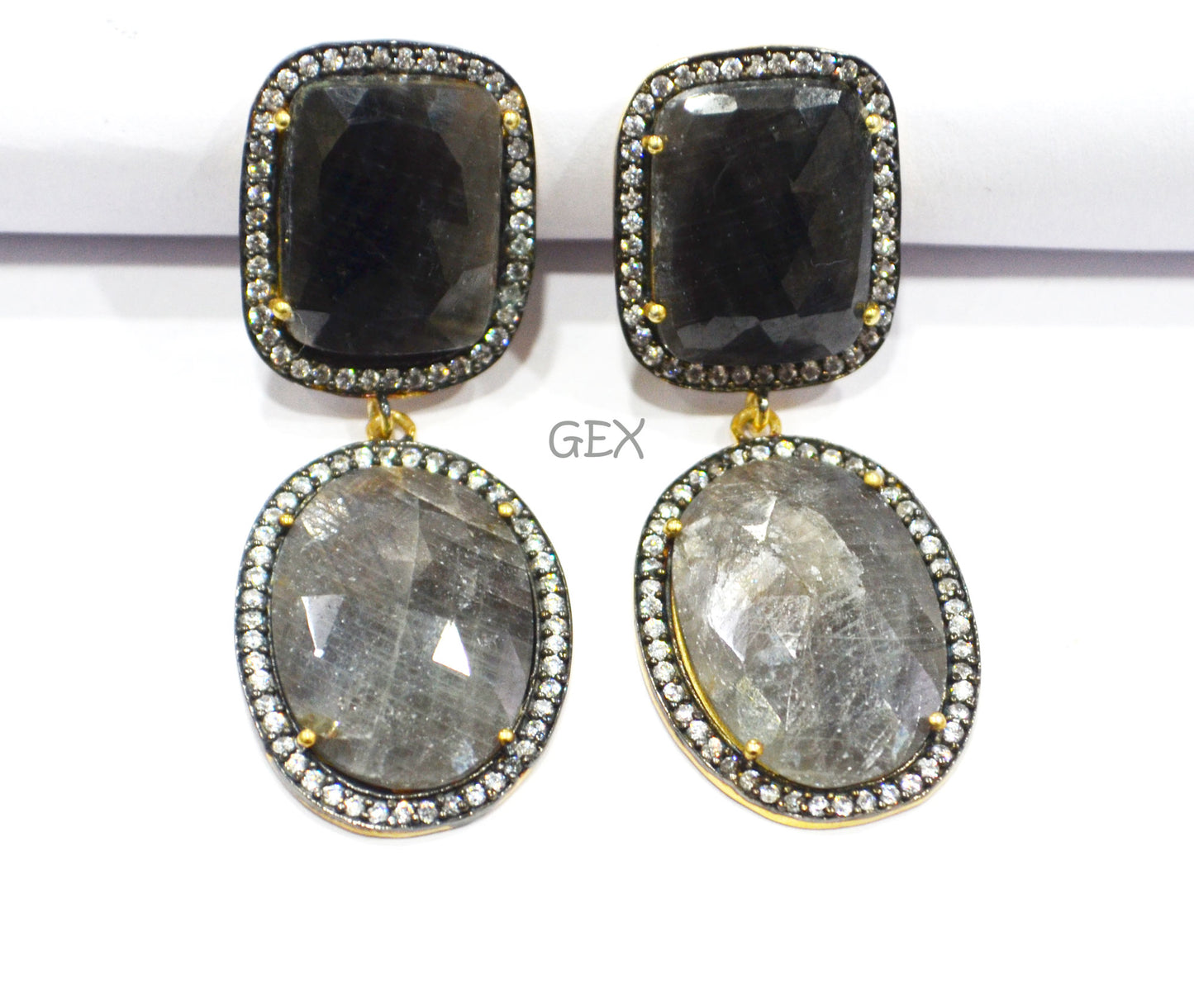 92.5 Sterling Silver Black Sapphire Faceted Fancy Shape Earring , Shiny Black Sapphire With Pave Cubic Zirconia Earring , 55 mm , E-049