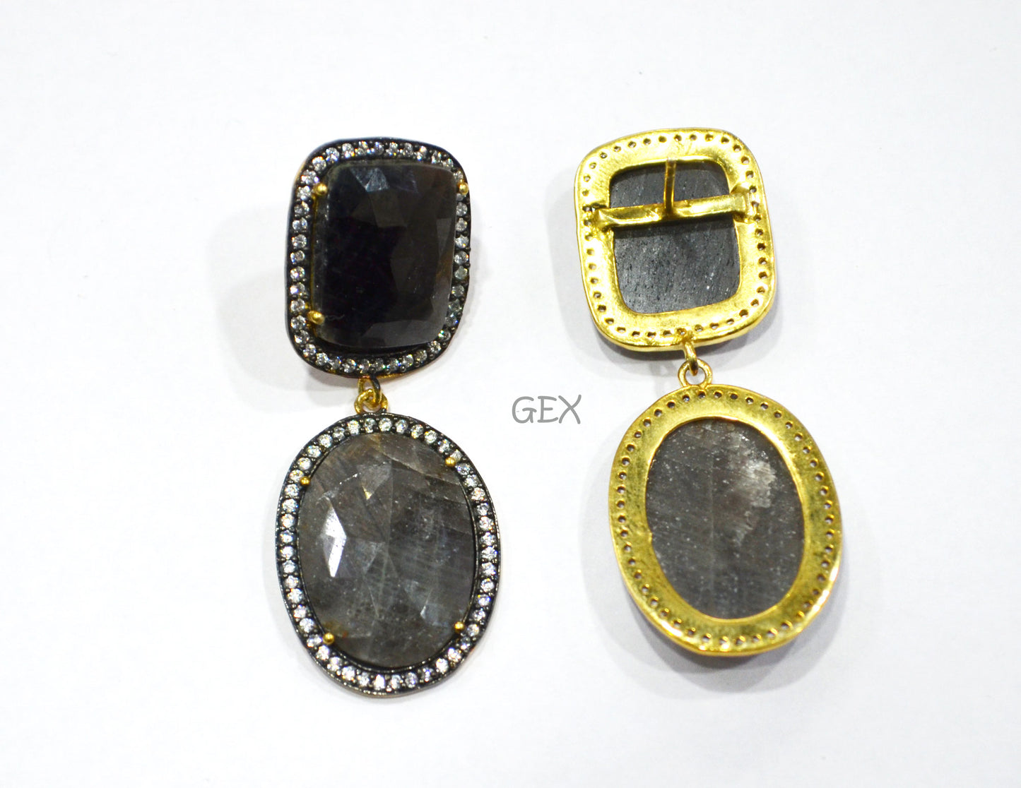 92.5 Sterling Silver Black Sapphire Faceted Fancy Shape Earring , Shiny Black Sapphire With Pave Cubic Zirconia Earring , 55 mm , E-049