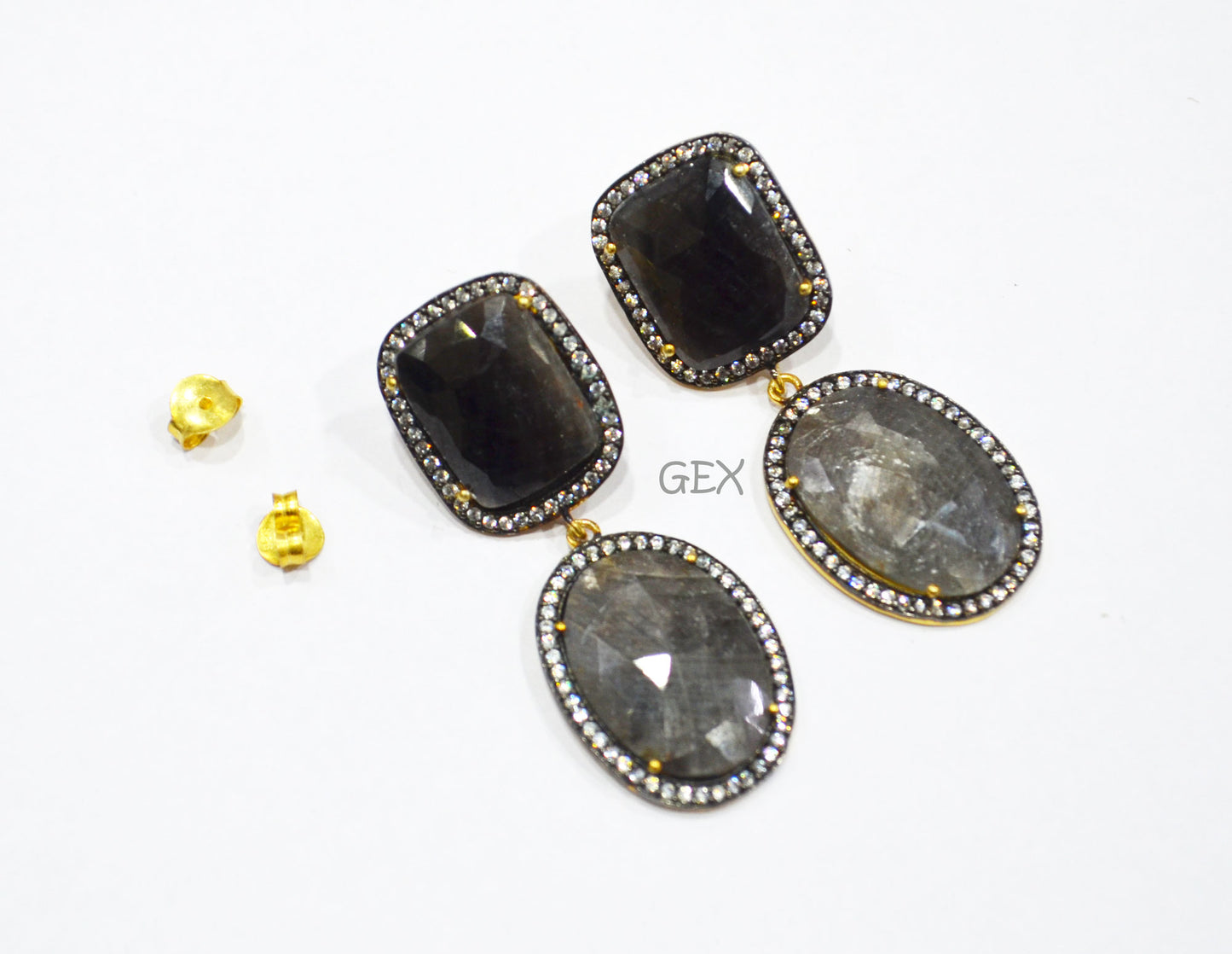 92.5 Sterling Silver Black Sapphire Faceted Fancy Shape Earring , Shiny Black Sapphire With Pave Cubic Zirconia Earring , 55 mm , E-049