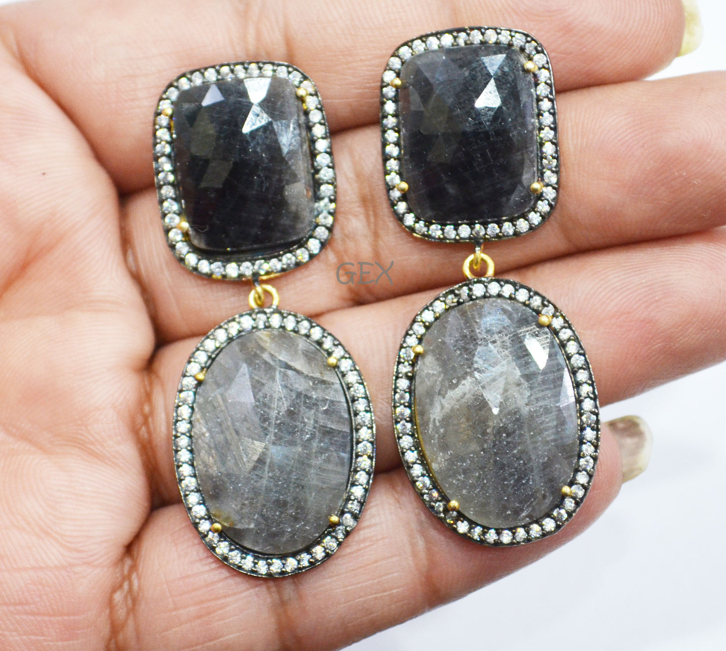 92.5 Sterling Silver Black Sapphire Faceted Fancy Shape Earring , Shiny Black Sapphire With Pave Cubic Zirconia Earring , 55 mm , E-049
