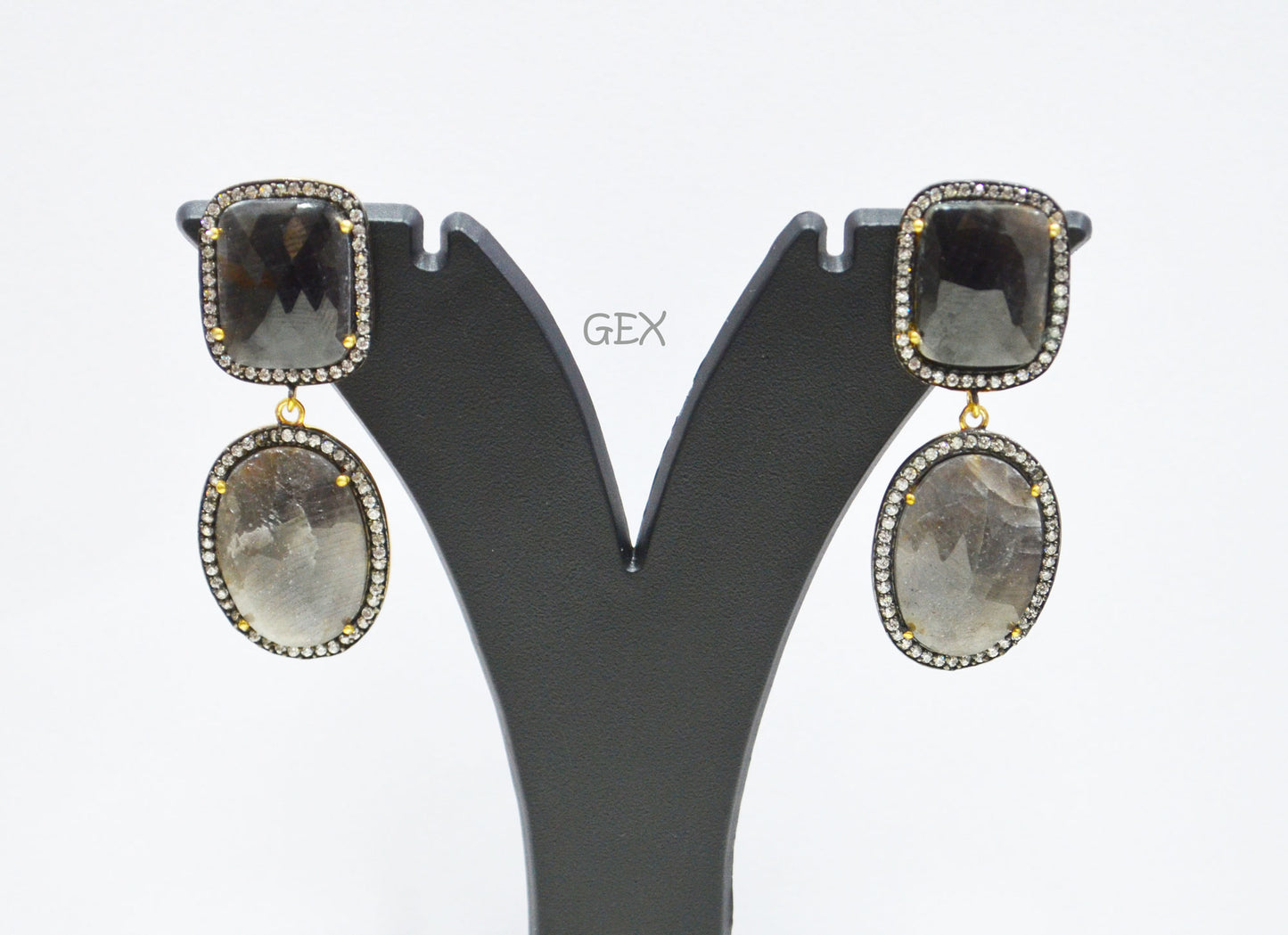 92.5 Sterling Silver Black Sapphire Faceted Fancy Shape Earring , Shiny Black Sapphire With Pave Cubic Zirconia Earring , 55 mm , E-049