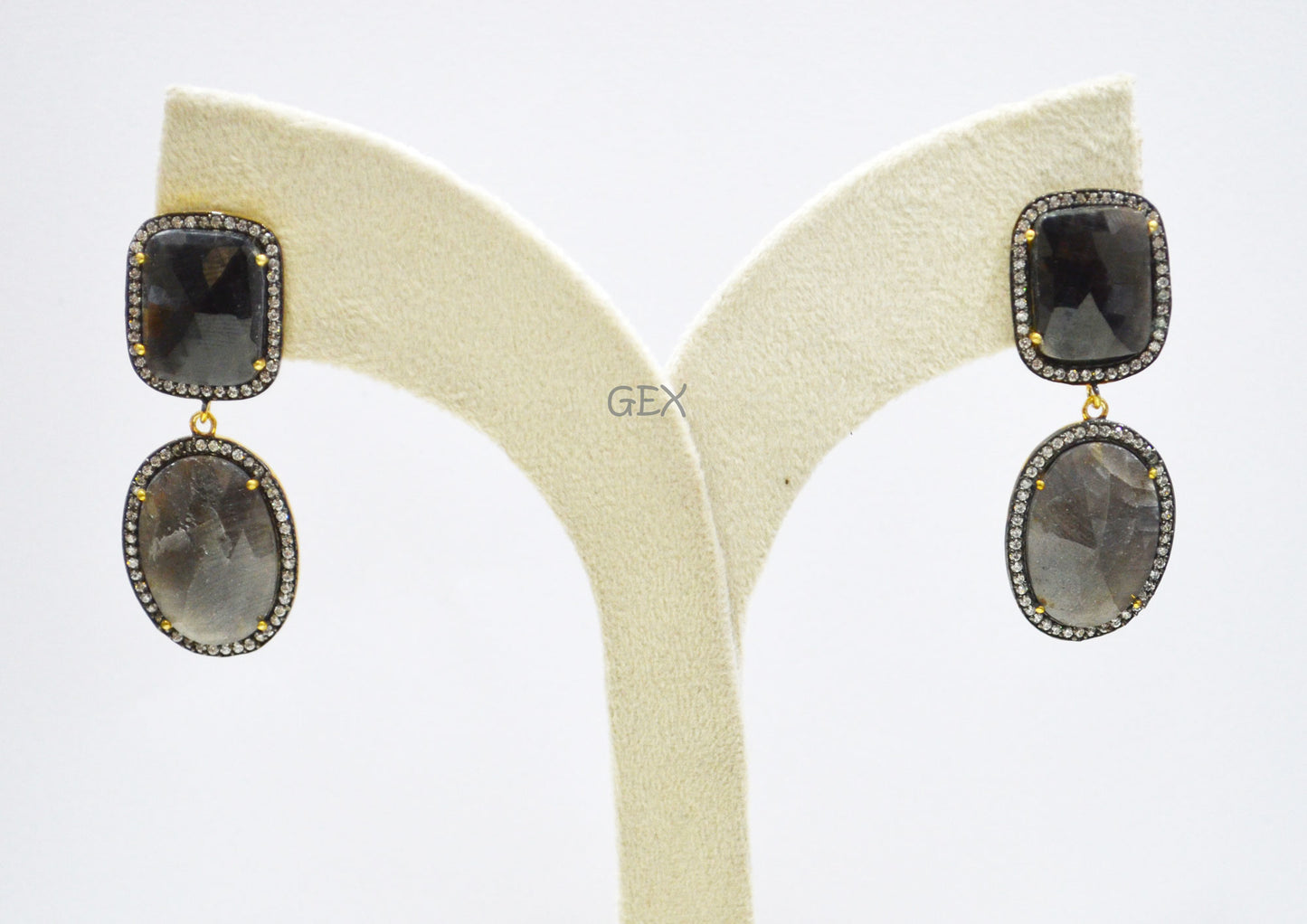92.5 Sterling Silver Black Sapphire Faceted Fancy Shape Earring , Shiny Black Sapphire With Pave Cubic Zirconia Earring , 55 mm , E-049