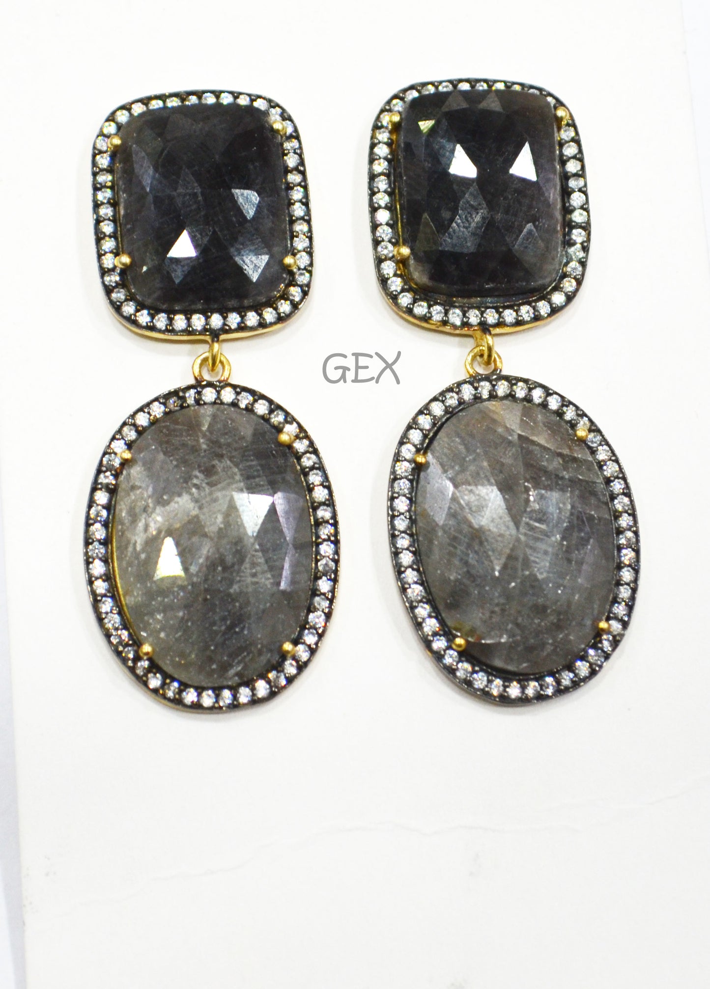92.5 Sterling Silver Black Sapphire Faceted Fancy Shape Earring , Shiny Black Sapphire With Pave Cubic Zirconia Earring , 55 mm , E-049