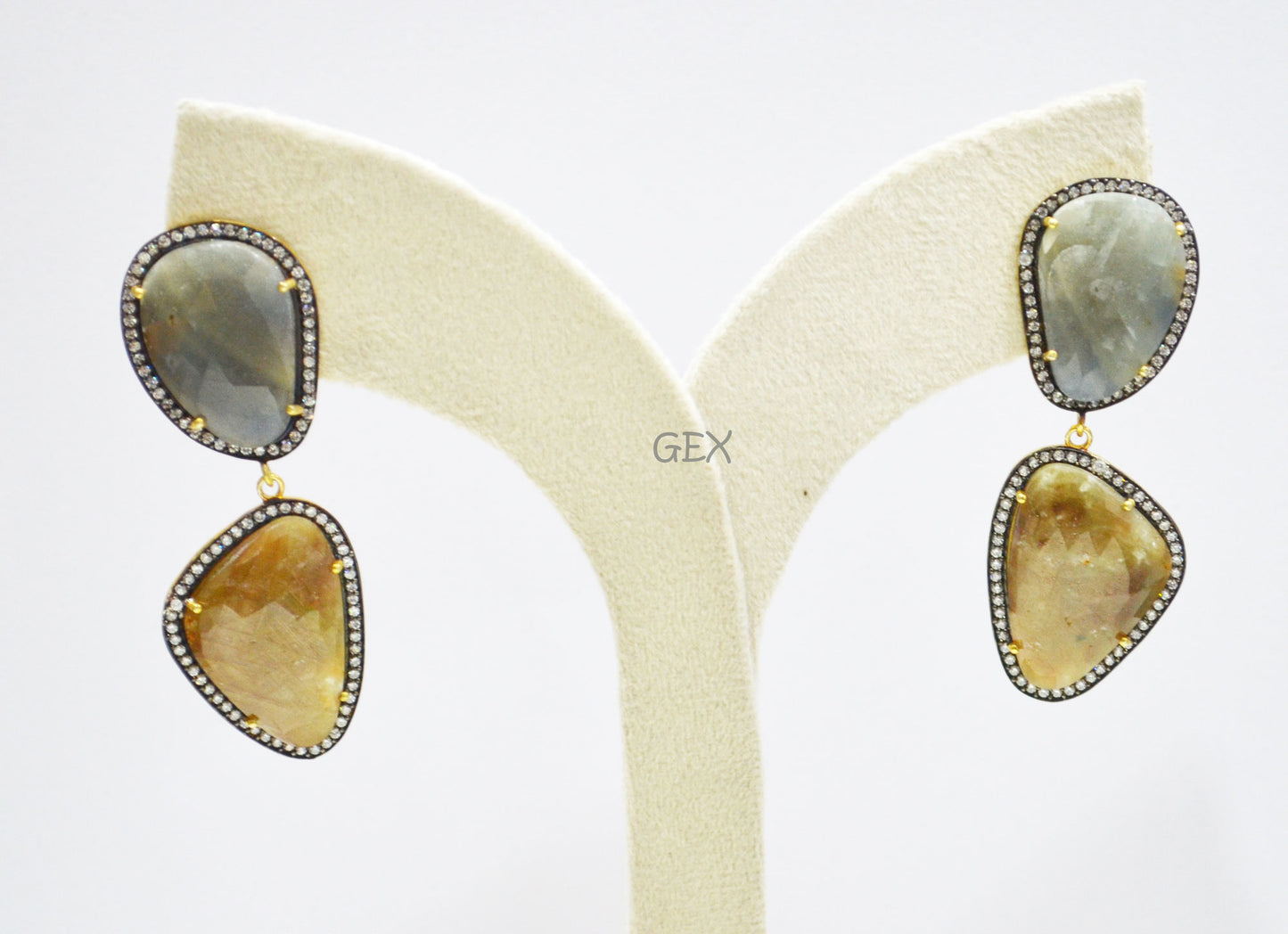 92.5 Sterling Silver Shaded Brown And Gray Sapphire Faceted Fancy Shape Earring , Shaded Brown And Gray Sapphire With Pave Cubic Zirconia Earring , 59 mm , E-050