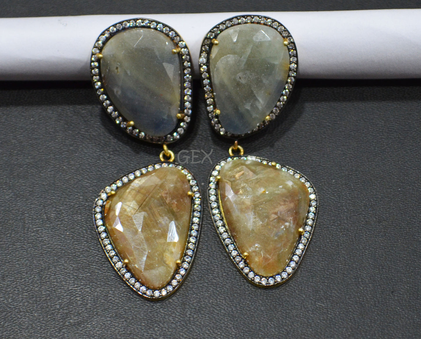92.5 Sterling Silver Shaded Brown And Gray Sapphire Faceted Fancy Shape Earring , Shaded Brown And Gray Sapphire With Pave Cubic Zirconia Earring , 59 mm , E-050