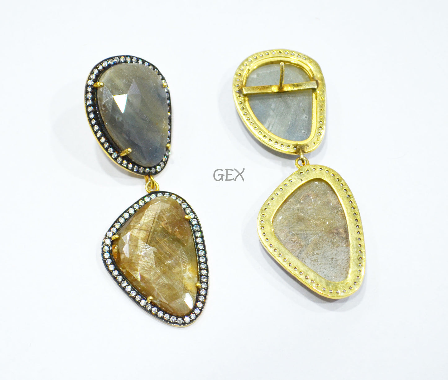 92.5 Sterling Silver Shaded Brown And Gray Sapphire Faceted Fancy Shape Earring , Shaded Brown And Gray Sapphire With Pave Cubic Zirconia Earring , 59 mm , E-050