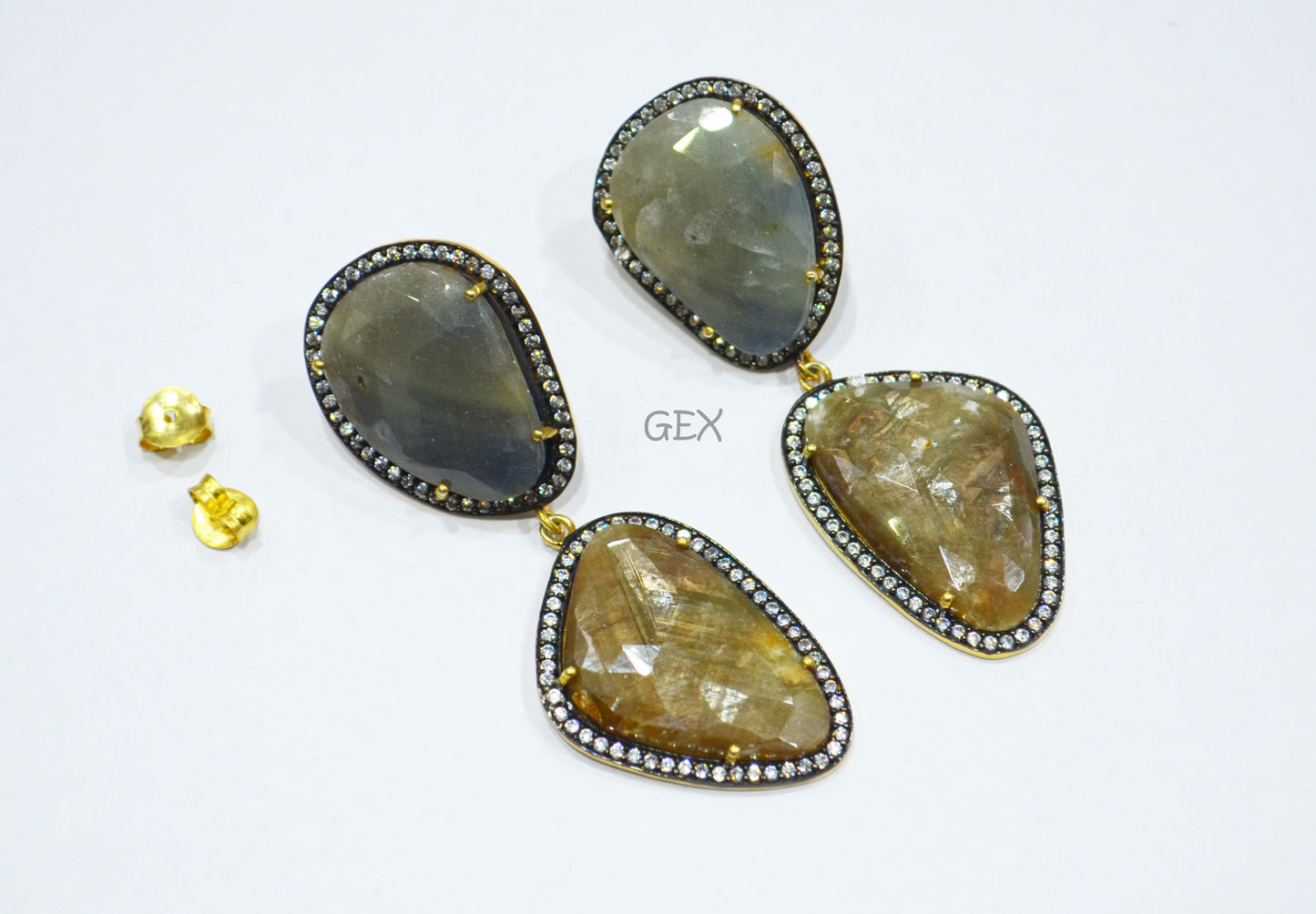 92.5 Sterling Silver Shaded Brown And Gray Sapphire Faceted Fancy Shape Earring , Shaded Brown And Gray Sapphire With Pave Cubic Zirconia Earring , 59 mm , E-050