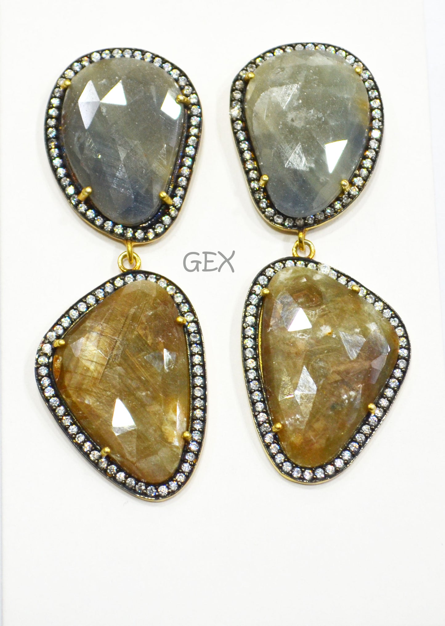92.5 Sterling Silver Shaded Brown And Gray Sapphire Faceted Fancy Shape Earring , Shaded Brown And Gray Sapphire With Pave Cubic Zirconia Earring , 59 mm , E-050