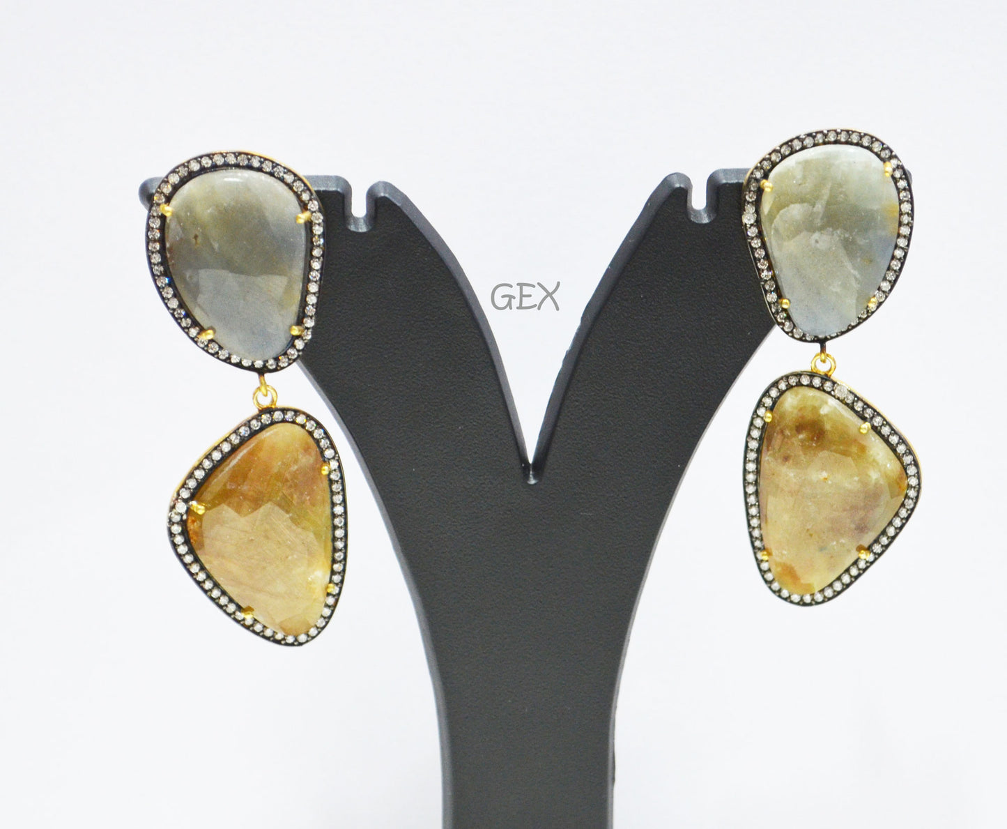 92.5 Sterling Silver Shaded Brown And Gray Sapphire Faceted Fancy Shape Earring , Shaded Brown And Gray Sapphire With Pave Cubic Zirconia Earring , 59 mm , E-050