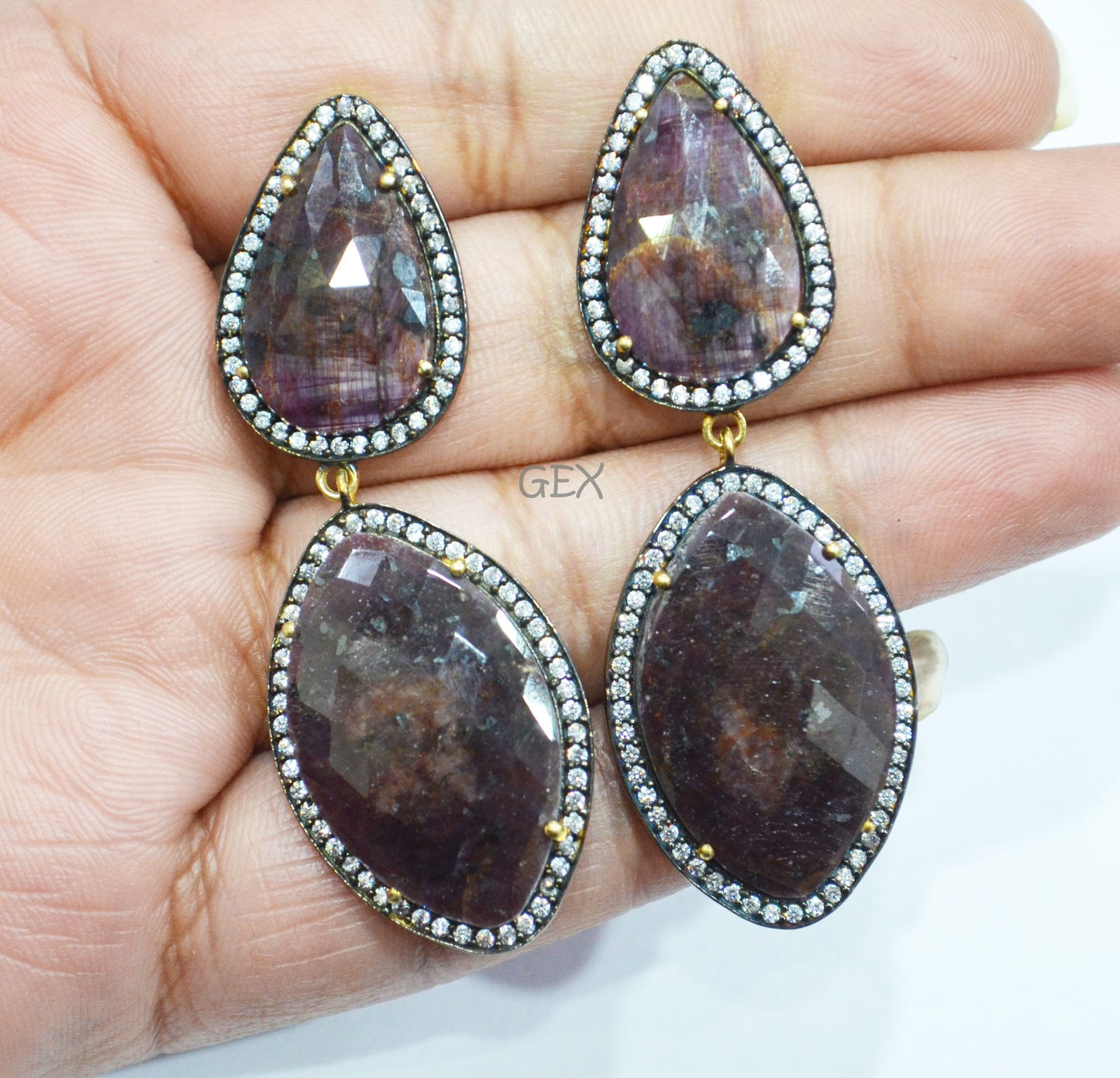 92.5 Sterling Silver Shaded Ruby Sapphire Faceted Fancy Shape Earring , Shaded Ruby Sapphire With Pave Cubic Zirconia Earring , 60 mm , E-053