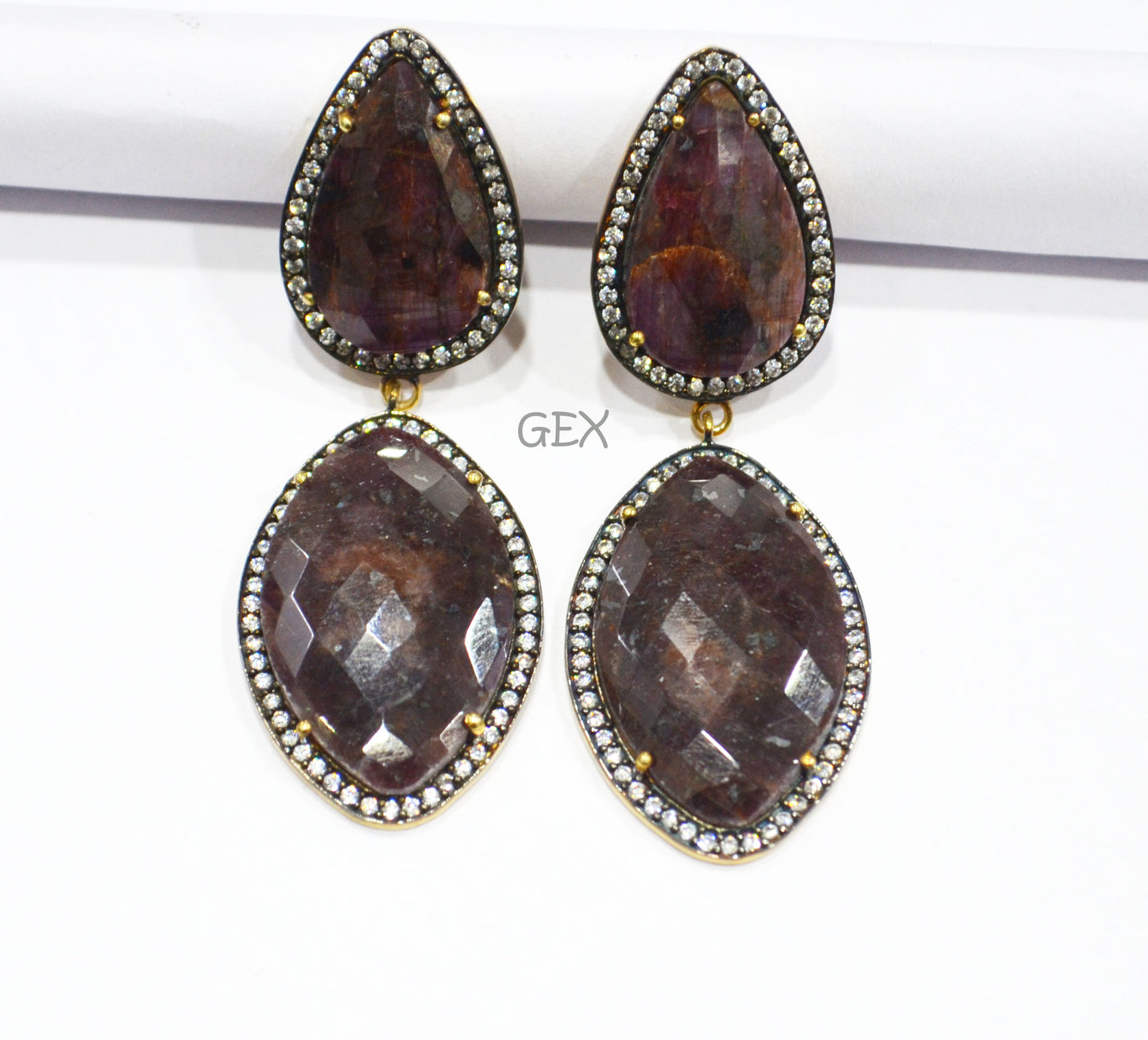 92.5 Sterling Silver Shaded Ruby Sapphire Faceted Fancy Shape Earring , Shaded Ruby Sapphire With Pave Cubic Zirconia Earring , 60 mm , E-053