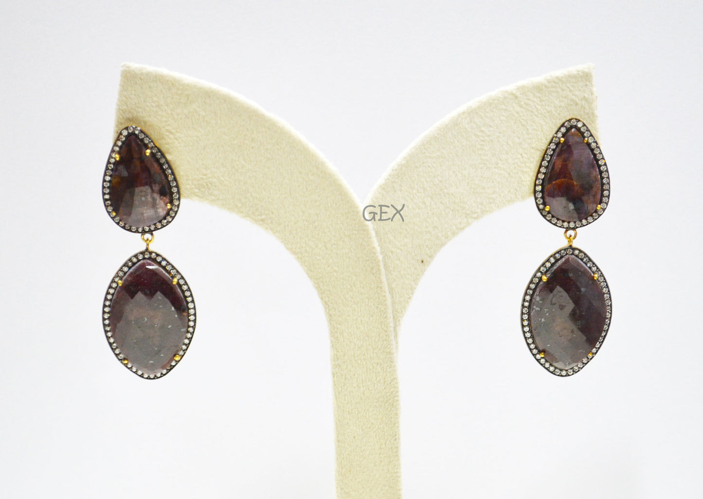 92.5 Sterling Silver Shaded Ruby Sapphire Faceted Fancy Shape Earring , Shaded Ruby Sapphire With Pave Cubic Zirconia Earring , 60 mm , E-053