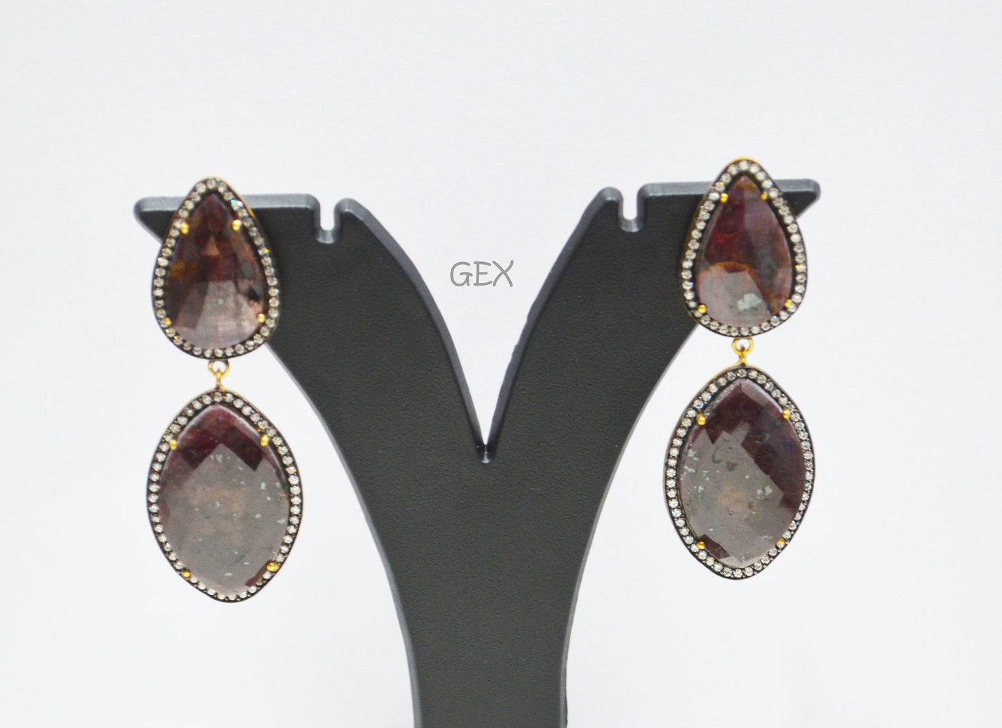 92.5 Sterling Silver Shaded Ruby Sapphire Faceted Fancy Shape Earring , Shaded Ruby Sapphire With Pave Cubic Zirconia Earring , 60 mm , E-053