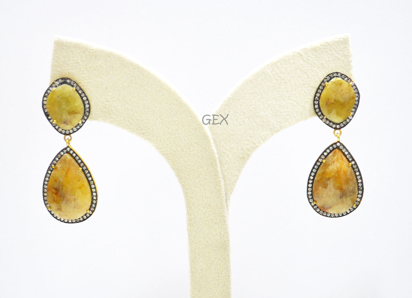 92.5 Sterling Silver Shaded Yellow Sapphire Faceted Fancy Shape Earring , Shaded Yellow Sapphire With Pave Cubic Zirconia Earring , 55 mm , E-054