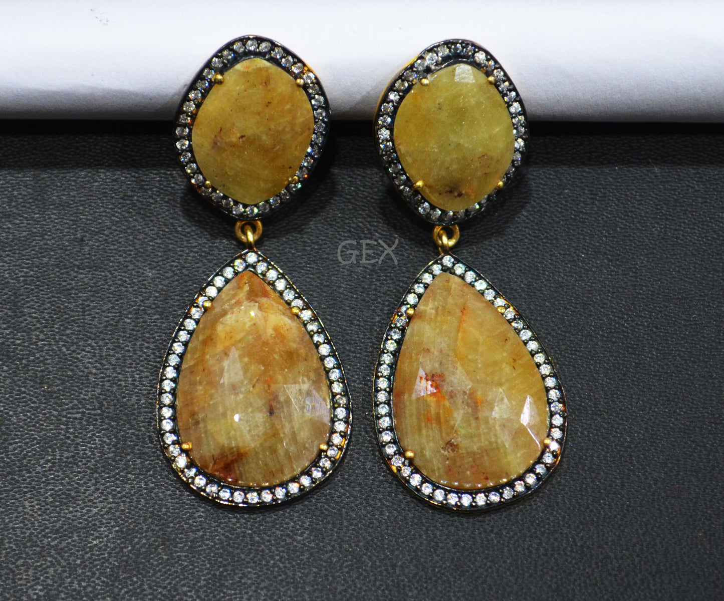 92.5 Sterling Silver Shaded Yellow Sapphire Faceted Fancy Shape Earring , Shaded Yellow Sapphire With Pave Cubic Zirconia Earring , 55 mm , E-054