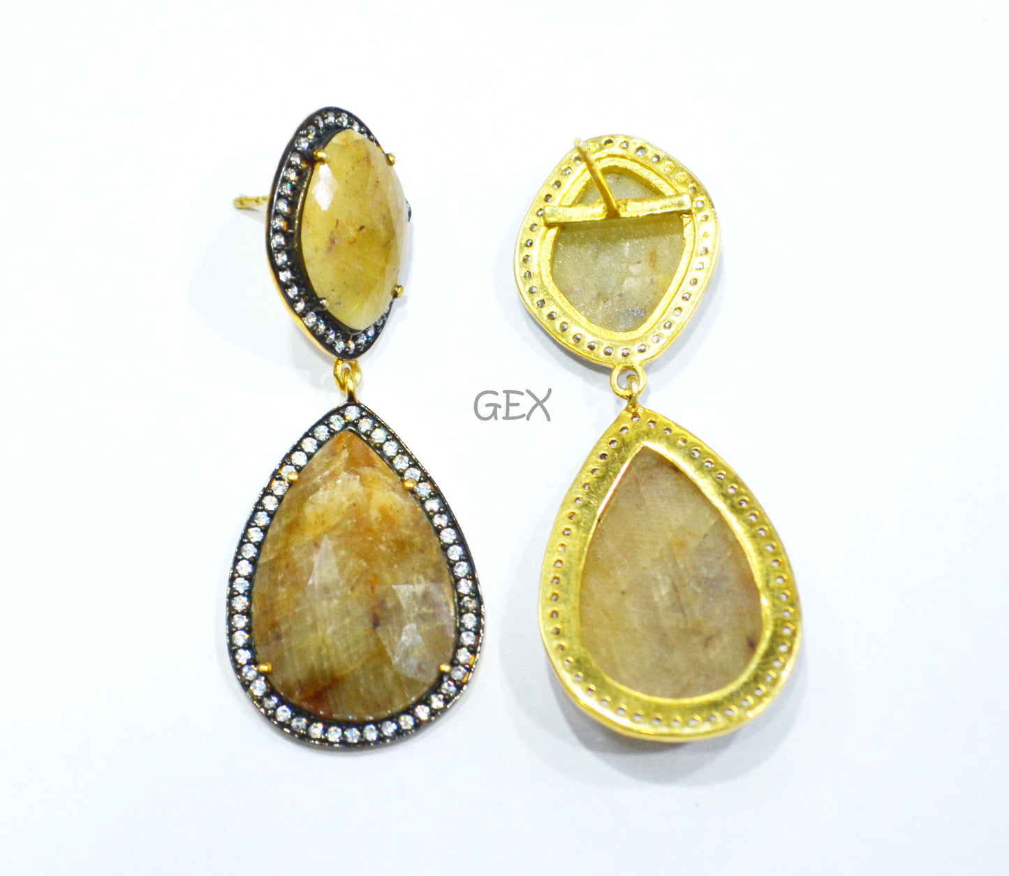 92.5 Sterling Silver Shaded Yellow Sapphire Faceted Fancy Shape Earring , Shaded Yellow Sapphire With Pave Cubic Zirconia Earring , 55 mm , E-054