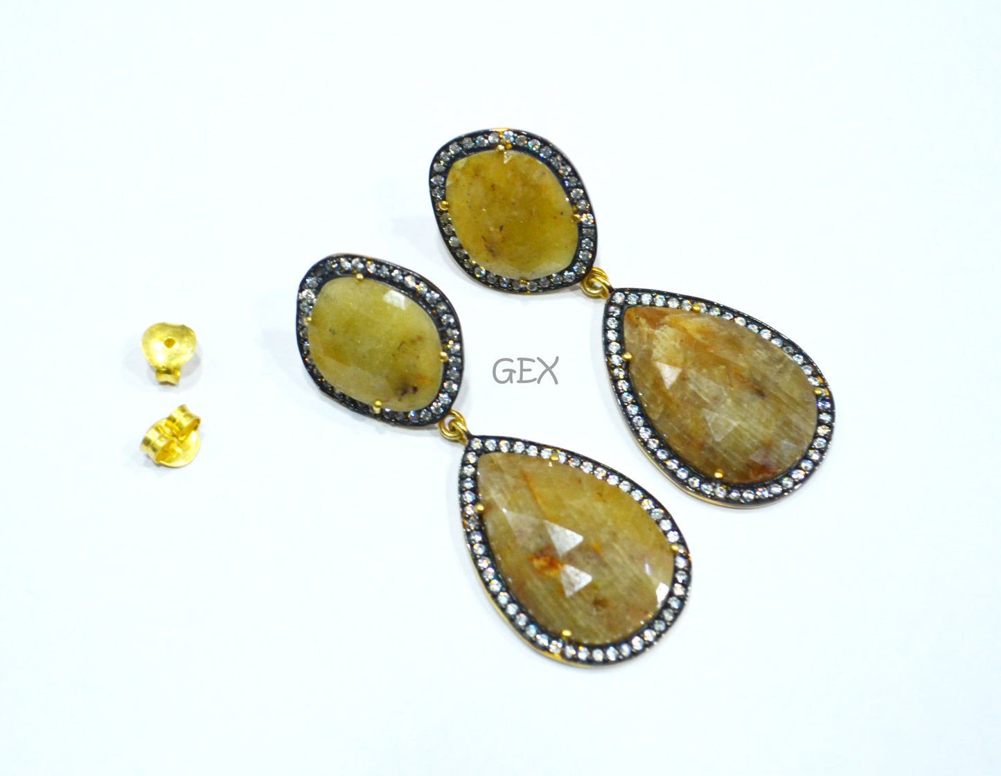 92.5 Sterling Silver Shaded Yellow Sapphire Faceted Fancy Shape Earring , Shaded Yellow Sapphire With Pave Cubic Zirconia Earring , 55 mm , E-054