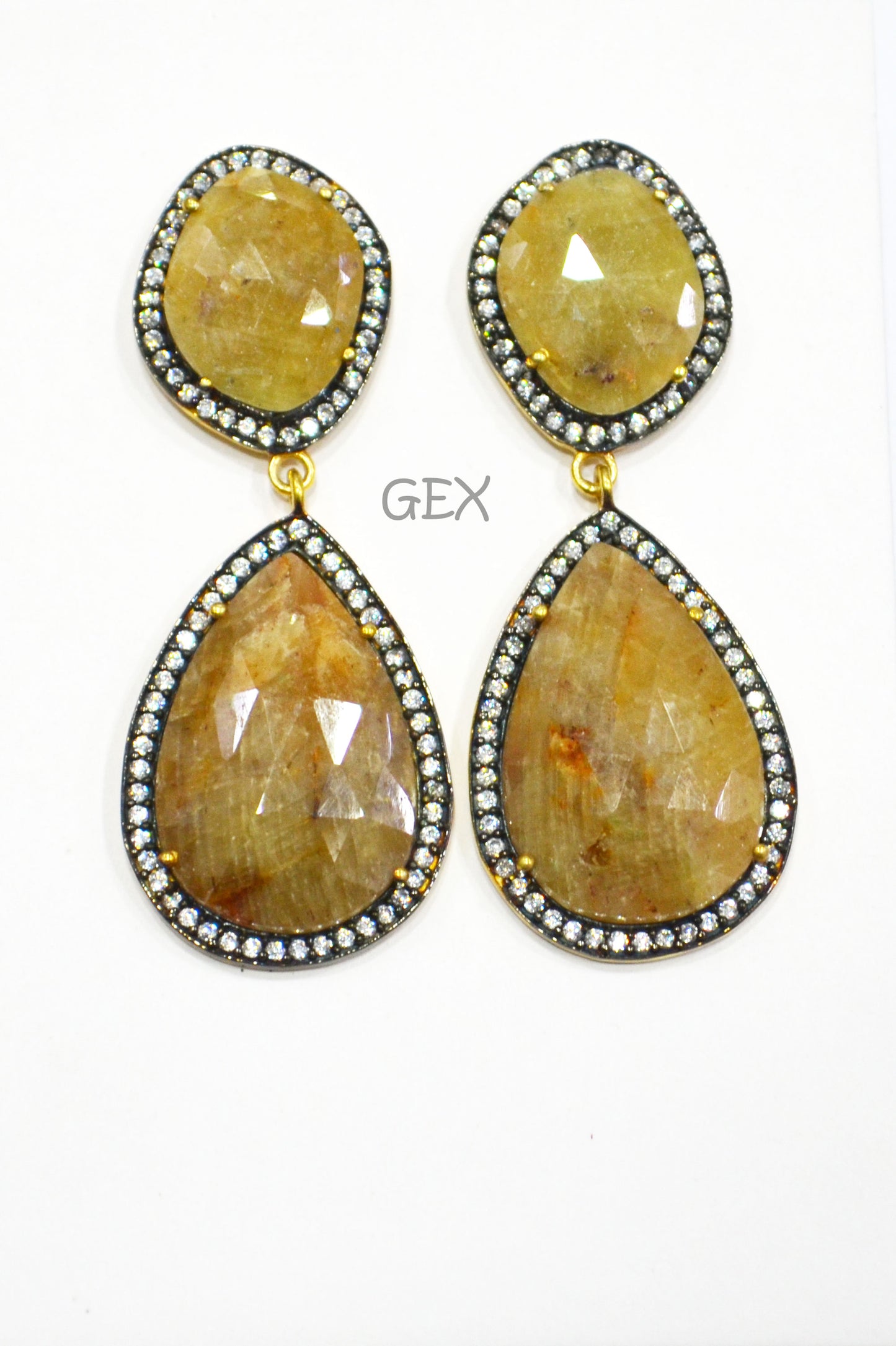 92.5 Sterling Silver Shaded Yellow Sapphire Faceted Fancy Shape Earring , Shaded Yellow Sapphire With Pave Cubic Zirconia Earring , 55 mm , E-054