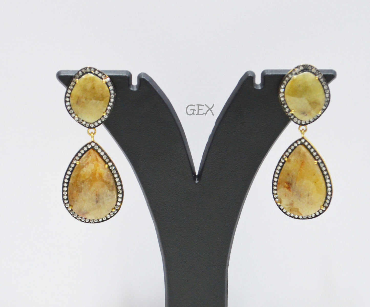 92.5 Sterling Silver Shaded Yellow Sapphire Faceted Fancy Shape Earring , Shaded Yellow Sapphire With Pave Cubic Zirconia Earring , 55 mm , E-054