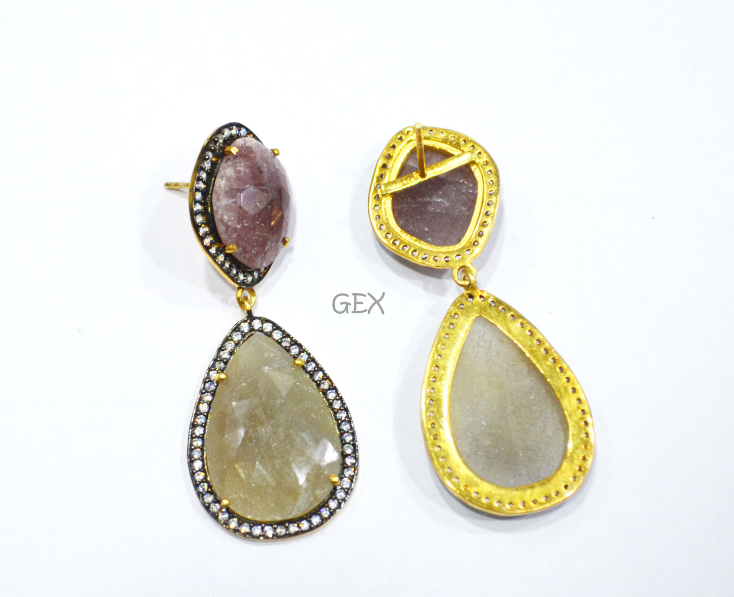 92.5 Sterling Silver Shaded Ruby And Gray Sapphire Faceted Fancy Shape Earring , Shaded Ruby And Gray Sapphire With Pave Cubic Zirconia Earring , 54 mm , E-055