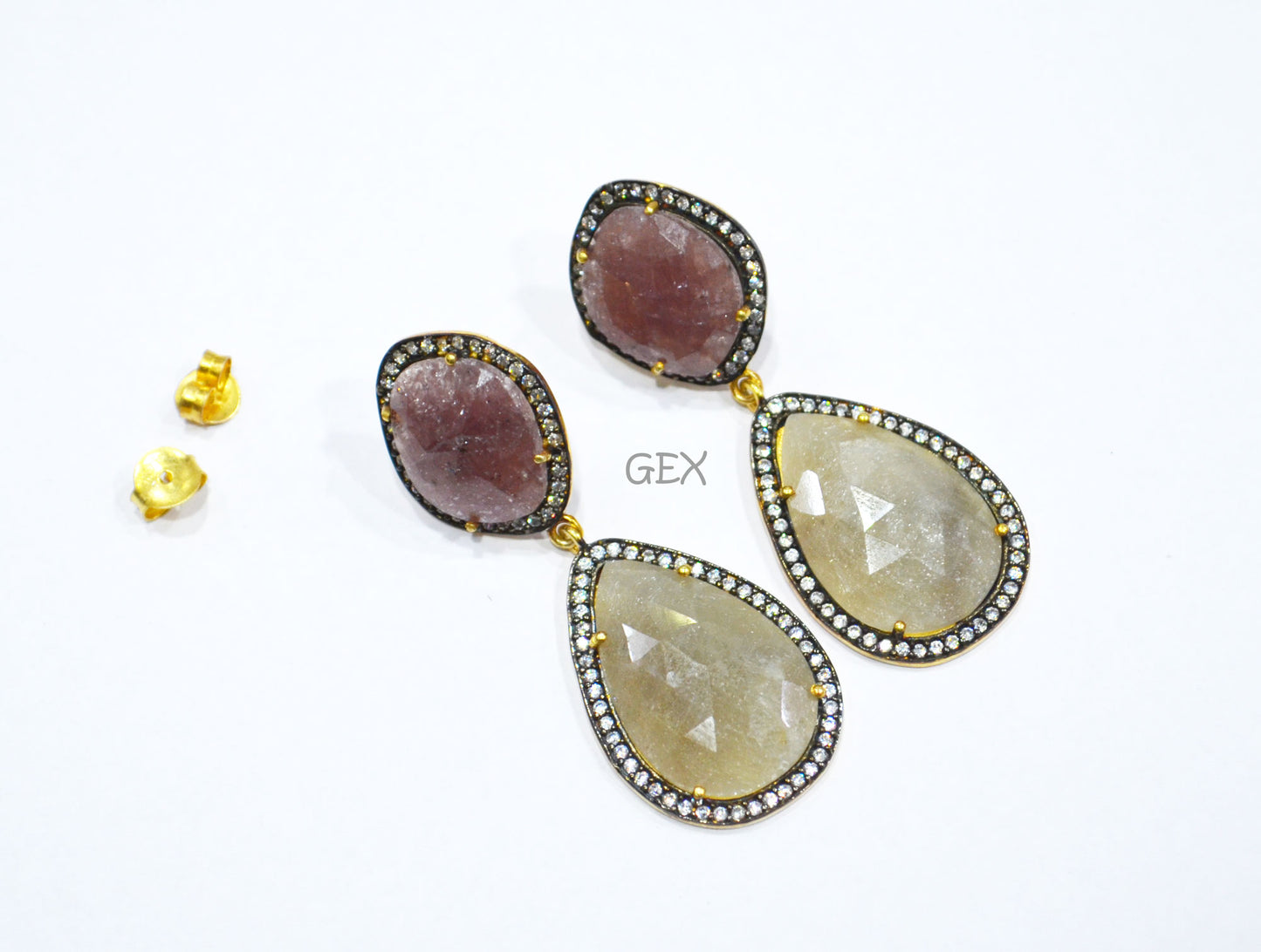 92.5 Sterling Silver Shaded Ruby And Gray Sapphire Faceted Fancy Shape Earring , Shaded Ruby And Gray Sapphire With Pave Cubic Zirconia Earring , 54 mm , E-055