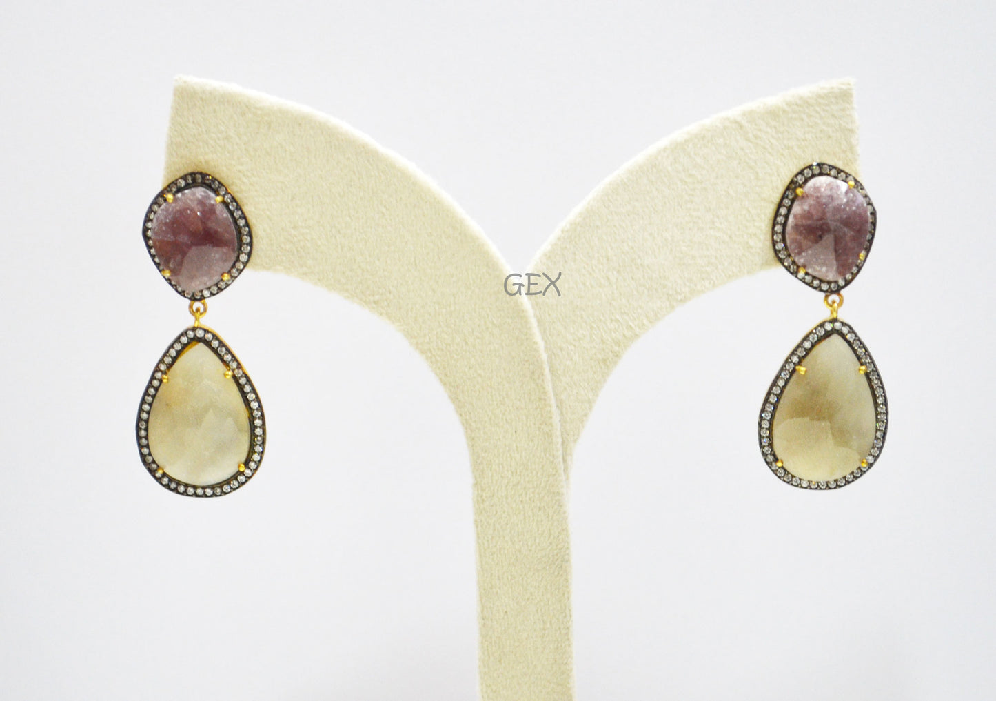 92.5 Sterling Silver Shaded Ruby And Gray Sapphire Faceted Fancy Shape Earring , Shaded Ruby And Gray Sapphire With Pave Cubic Zirconia Earring , 54 mm , E-055