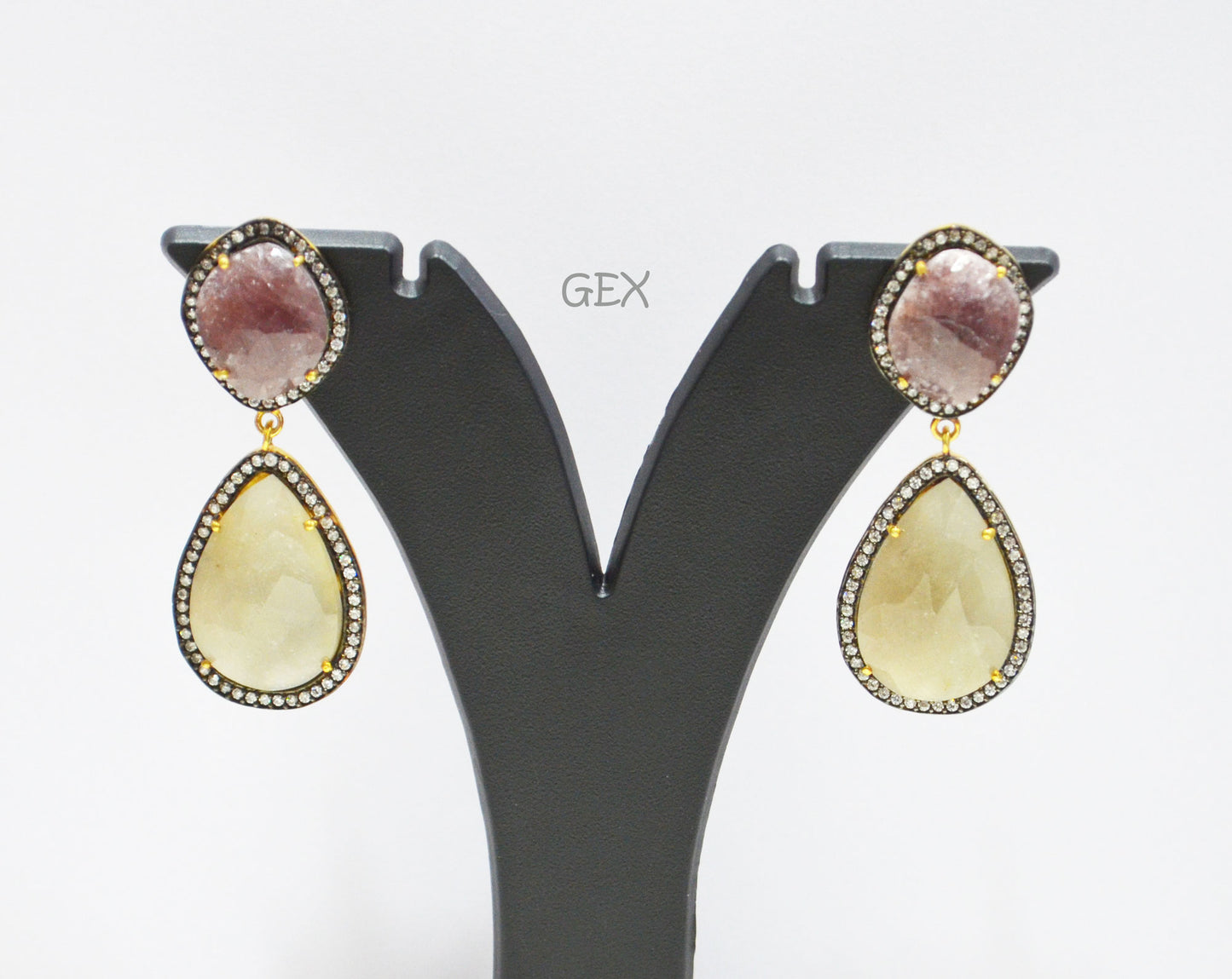 92.5 Sterling Silver Shaded Ruby And Gray Sapphire Faceted Fancy Shape Earring , Shaded Ruby And Gray Sapphire With Pave Cubic Zirconia Earring , 54 mm , E-055