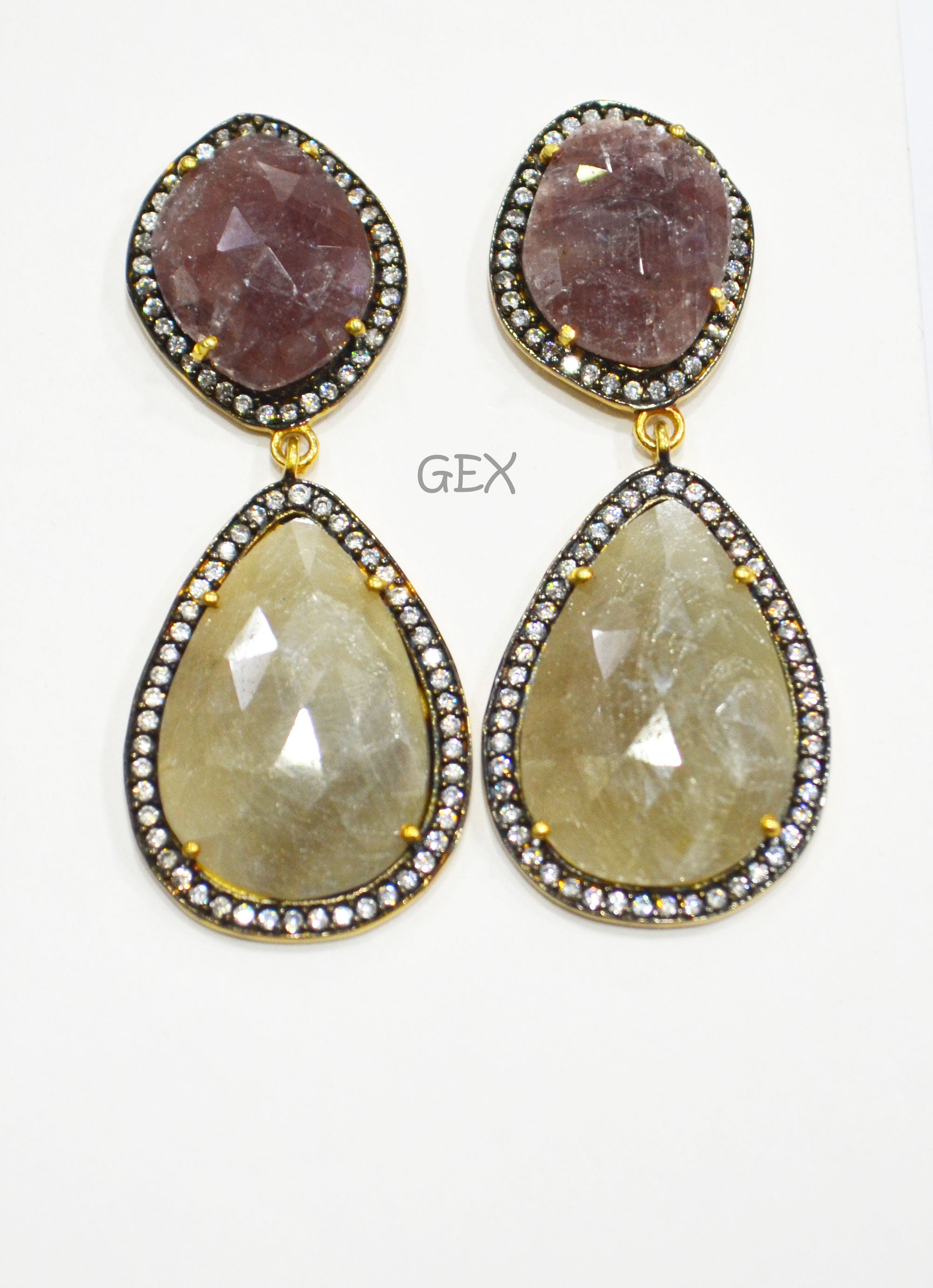 92.5 Sterling Silver Shaded Ruby And Gray Sapphire Faceted Fancy Shape Earring , Shaded Ruby And Gray Sapphire With Pave Cubic Zirconia Earring , 54 mm , E-055