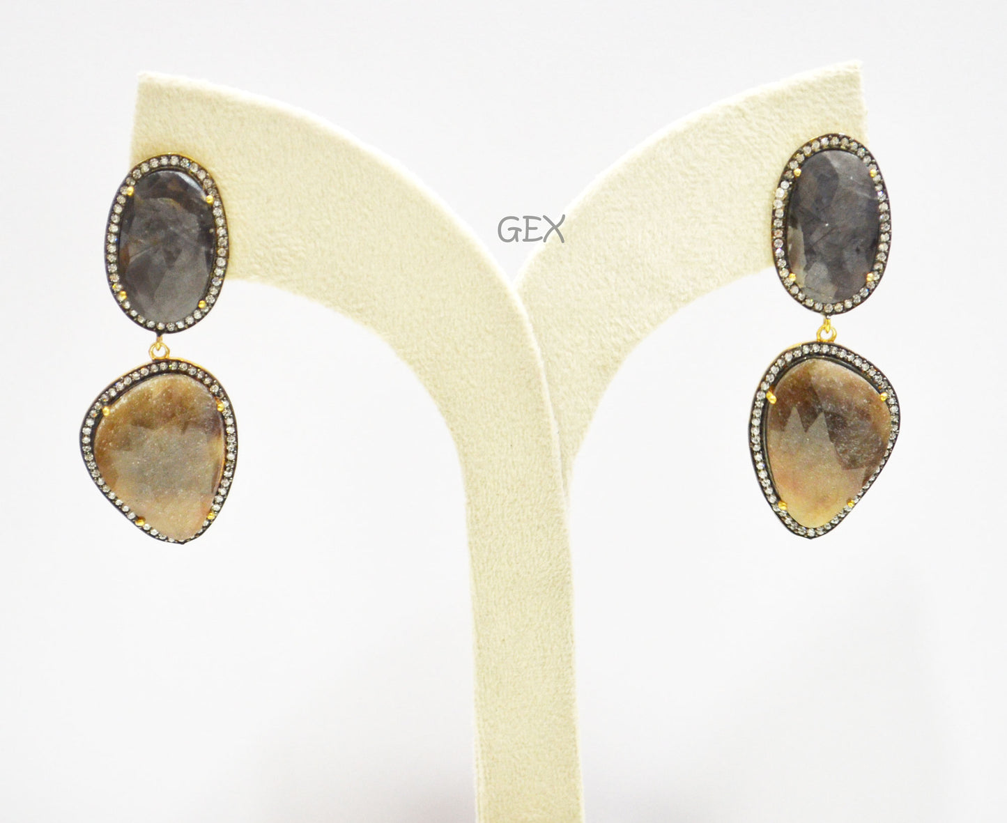 92.5 Sterling Silver Black And Brown Sapphire Faceted Fancy Shape Earring , Black And Brown Sapphire With Pave Cubic Zirconia Earring , 60 mm , E-056