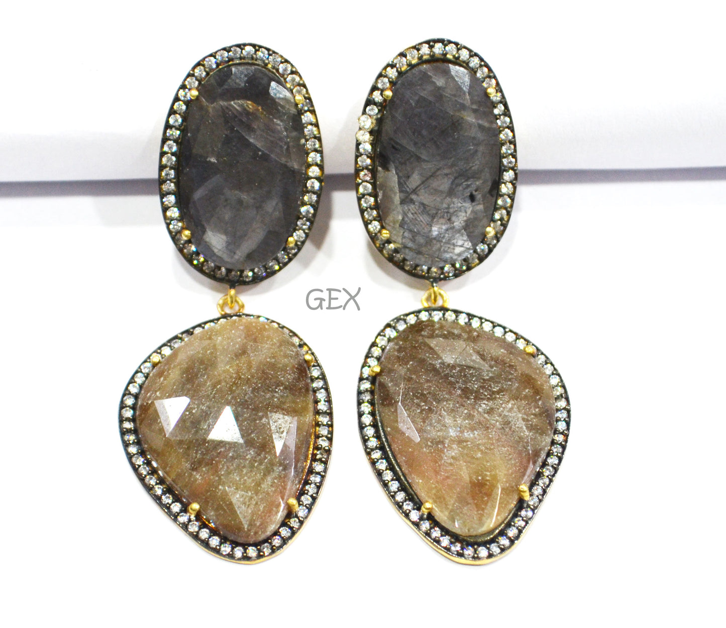 92.5 Sterling Silver Black And Brown Sapphire Faceted Fancy Shape Earring , Black And Brown Sapphire With Pave Cubic Zirconia Earring , 60 mm , E-056