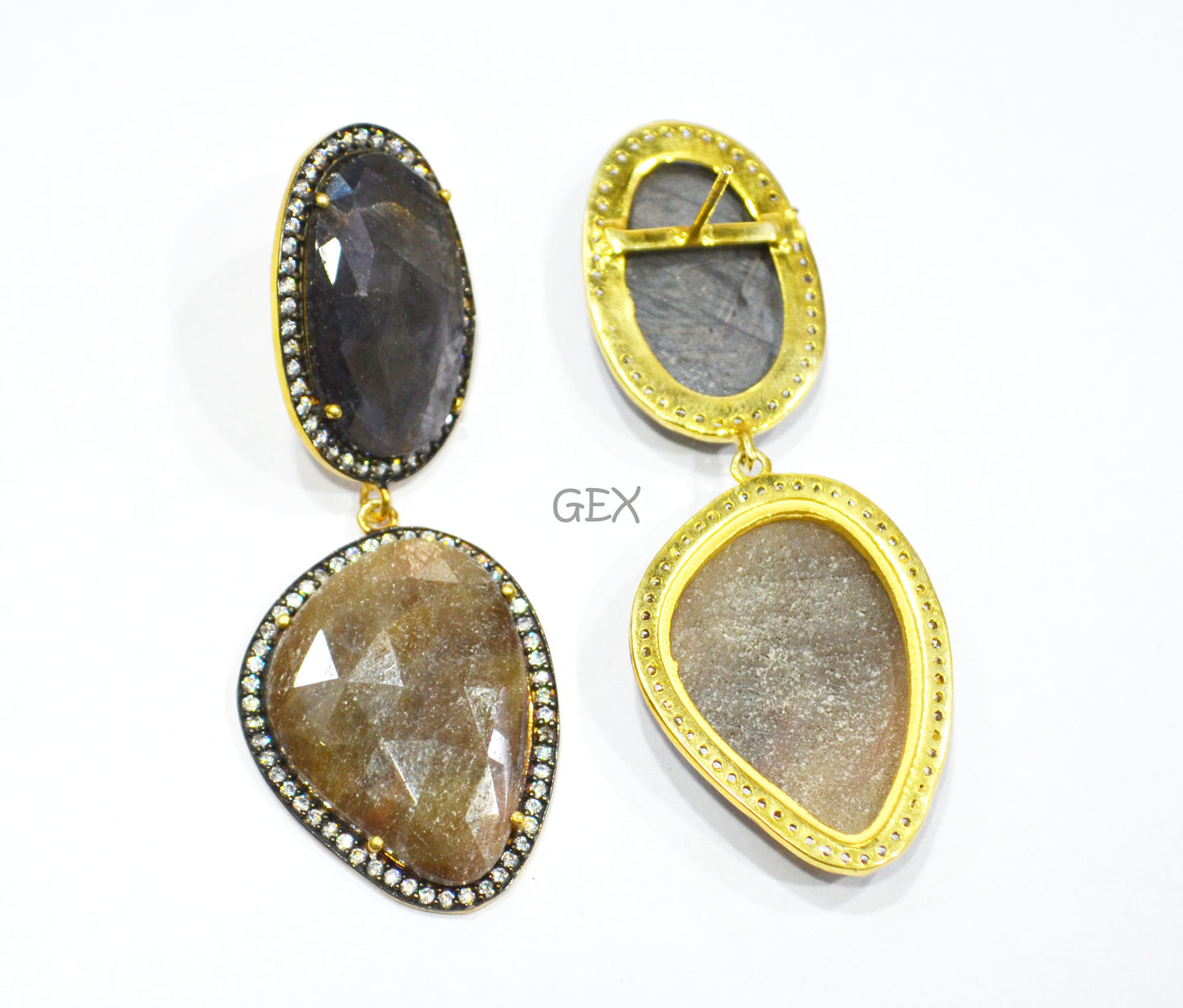 92.5 Sterling Silver Black And Brown Sapphire Faceted Fancy Shape Earring , Black And Brown Sapphire With Pave Cubic Zirconia Earring , 60 mm , E-056