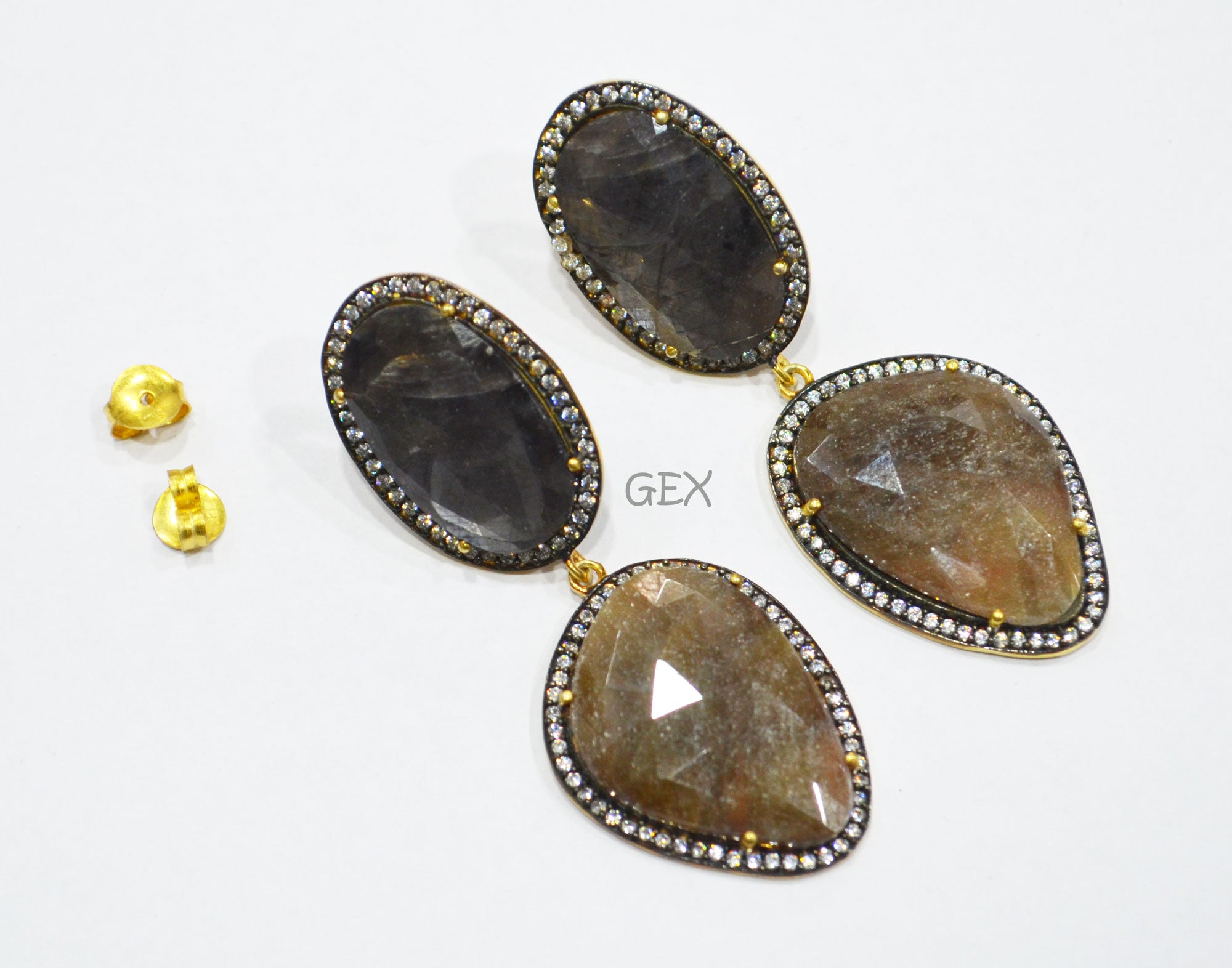 92.5 Sterling Silver Black And Brown Sapphire Faceted Fancy Shape Earring , Black And Brown Sapphire With Pave Cubic Zirconia Earring , 60 mm , E-056