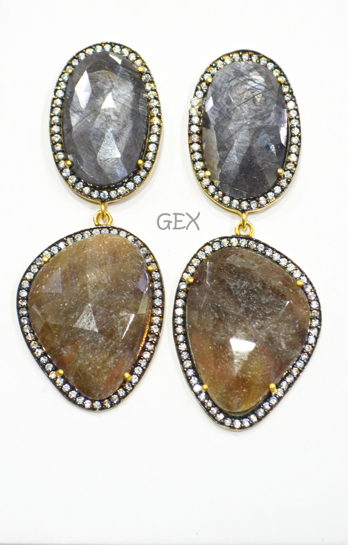 92.5 Sterling Silver Black And Brown Sapphire Faceted Fancy Shape Earring , Black And Brown Sapphire With Pave Cubic Zirconia Earring , 60 mm , E-056