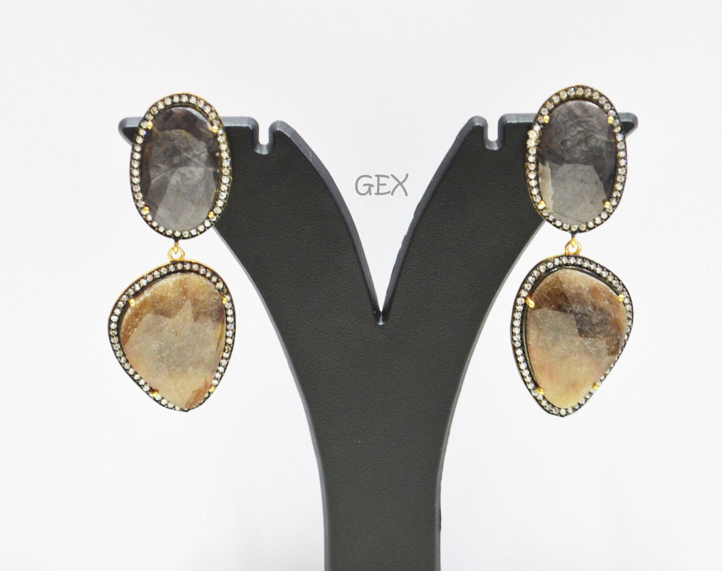 92.5 Sterling Silver Black And Brown Sapphire Faceted Fancy Shape Earring , Black And Brown Sapphire With Pave Cubic Zirconia Earring , 60 mm , E-056