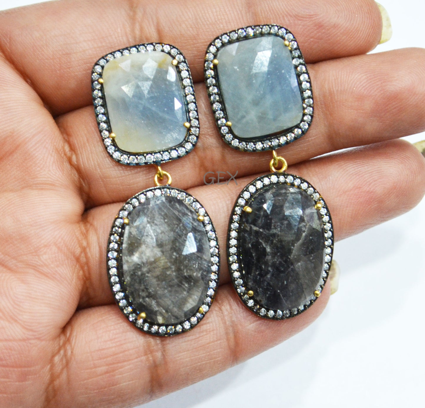 92.5 Sterling Silver Shaded Blue And Shiny Black Sapphire Faceted Fancy Shape Earring , Shaded Blue And Shiny Black Sapphire With Pave Cubic Zirconia Earring , 50 mm , E-057