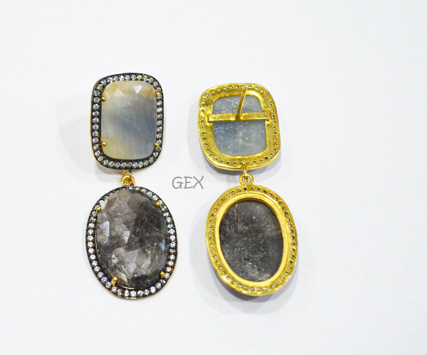 92.5 Sterling Silver Shaded Blue And Shiny Black Sapphire Faceted Fancy Shape Earring , Shaded Blue And Shiny Black Sapphire With Pave Cubic Zirconia Earring , 50 mm , E-057